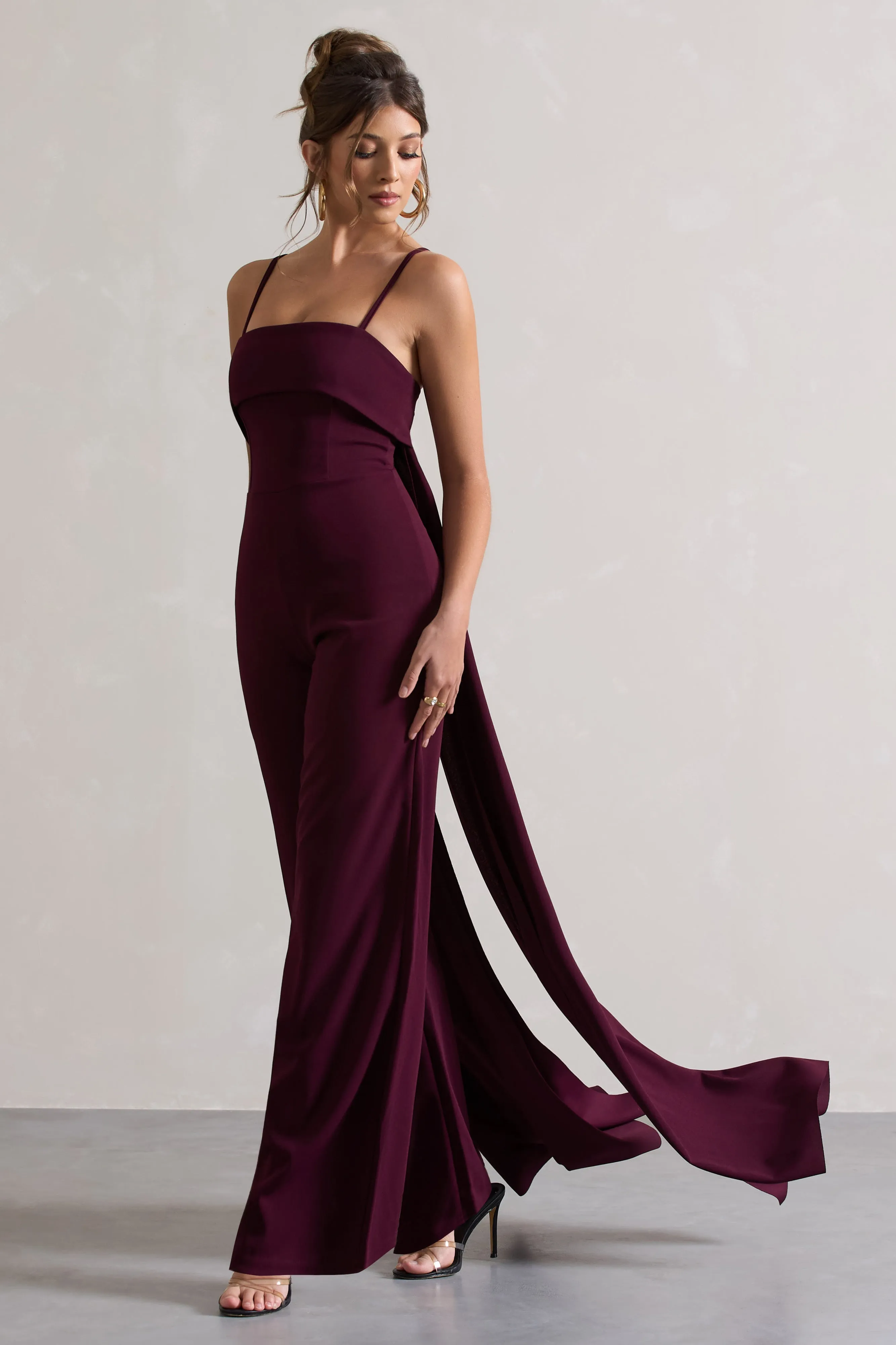 Amaya | Dark Plum Bandeau Wide-Leg Jumpsuit With Cape sold by Club L London product image thumbnail 5