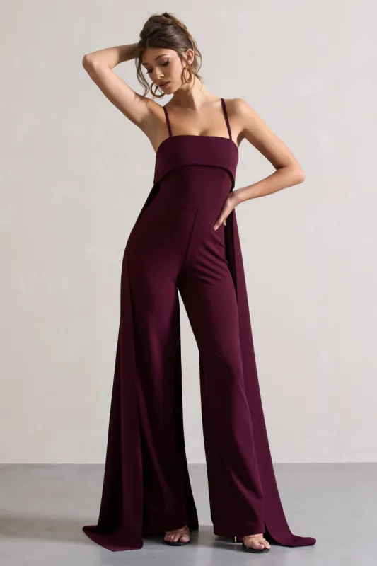Amaya | Dark Plum Bandeau Wide-Leg Jumpsuit With Cape sold by Club L London