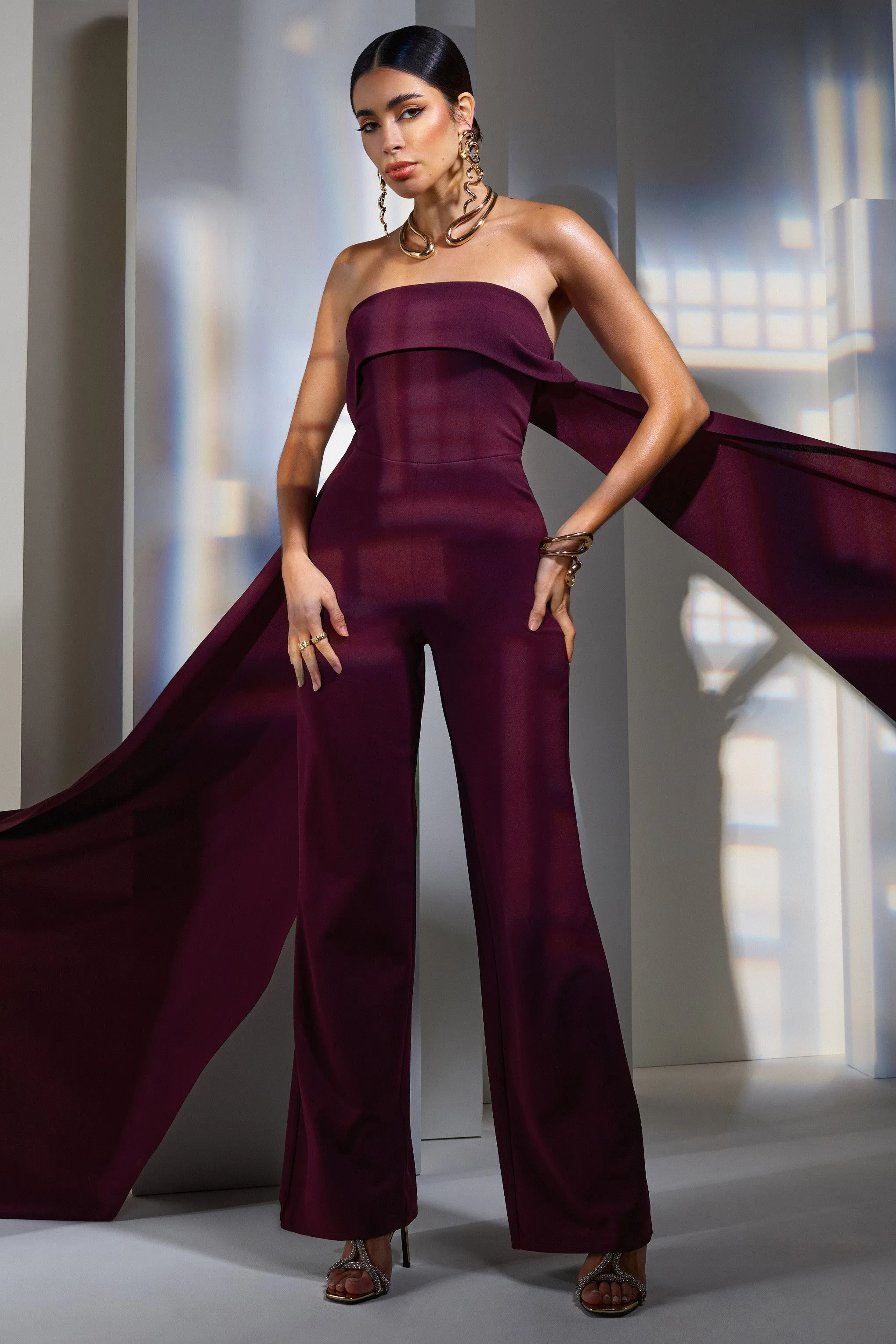 Amaya | Dark Plum Bandeau Wide-Leg Jumpsuit With Cape sold by Club L London product image thumbnail 4