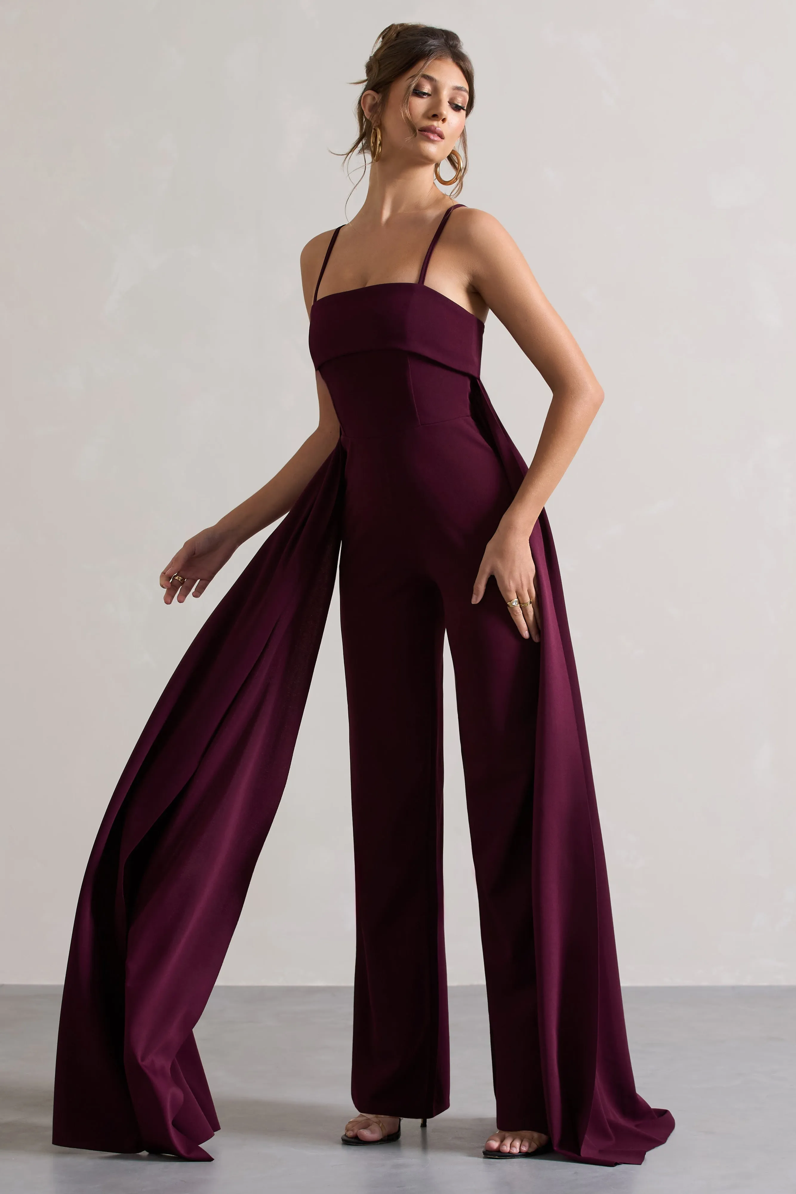 Amaya | Dark Plum Bandeau Wide-Leg Jumpsuit With Cape sold by Club L London product image thumbnail 3