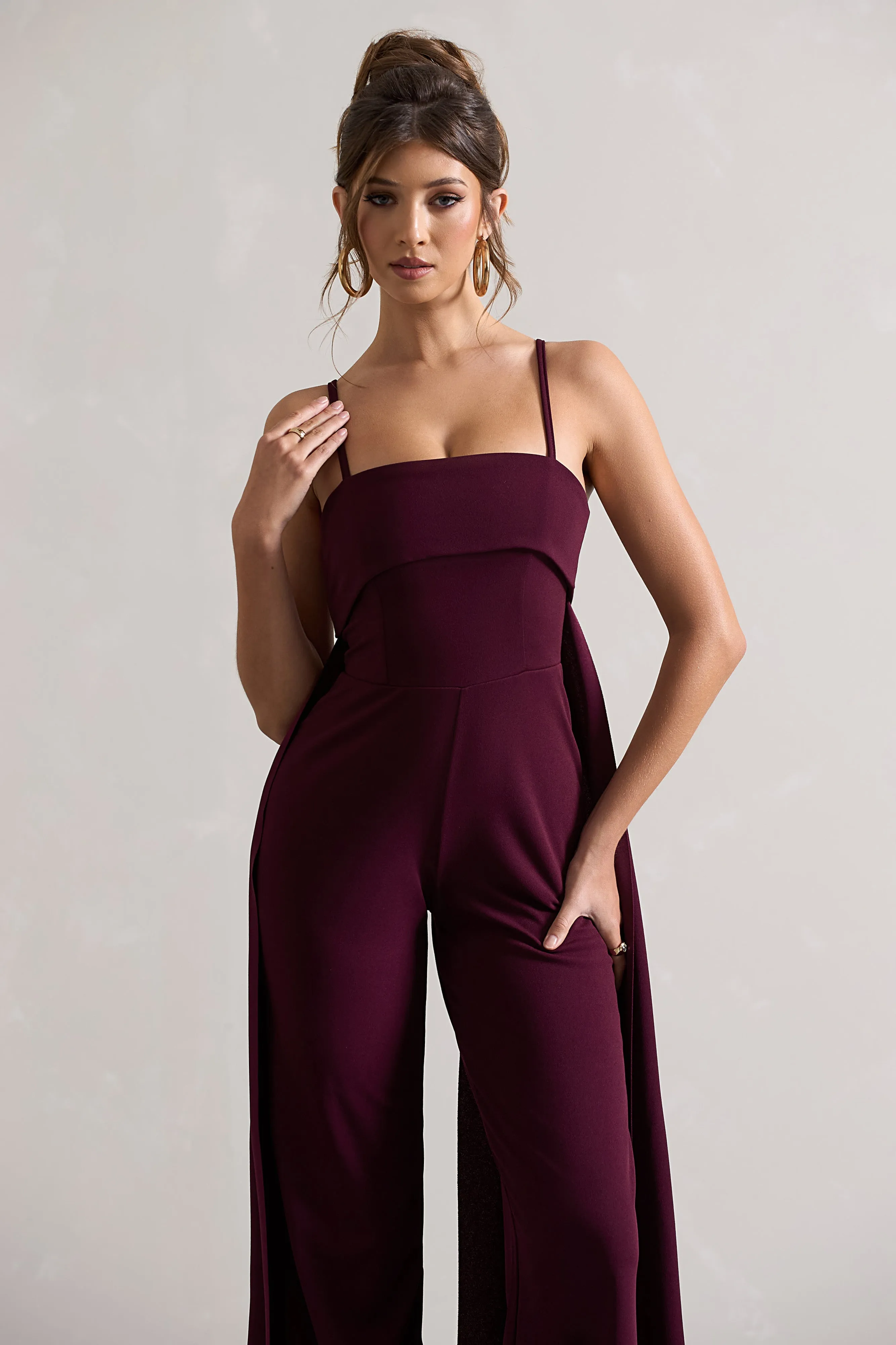 Amaya | Dark Plum Bandeau Wide-Leg Jumpsuit With Cape sold by Club L London product image thumbnail 2
