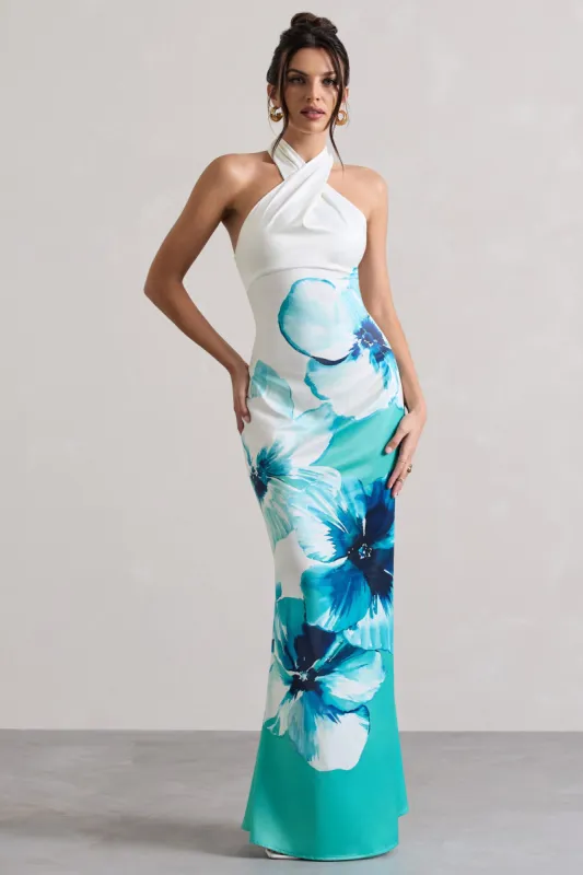 Tropicana | Blue Floral Satin Cross Over Halterneck Maxi Dress sold by Club L London