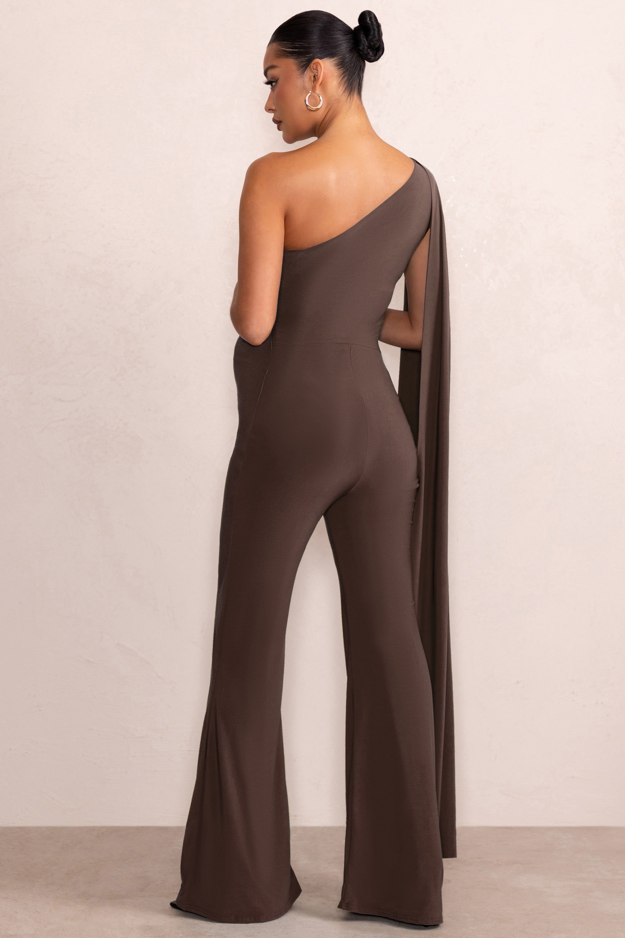 Sing To Sleep | Chocolate Maternity One Shoulder Cape Jumpsuit sold by Club L London product image thumbnail 2