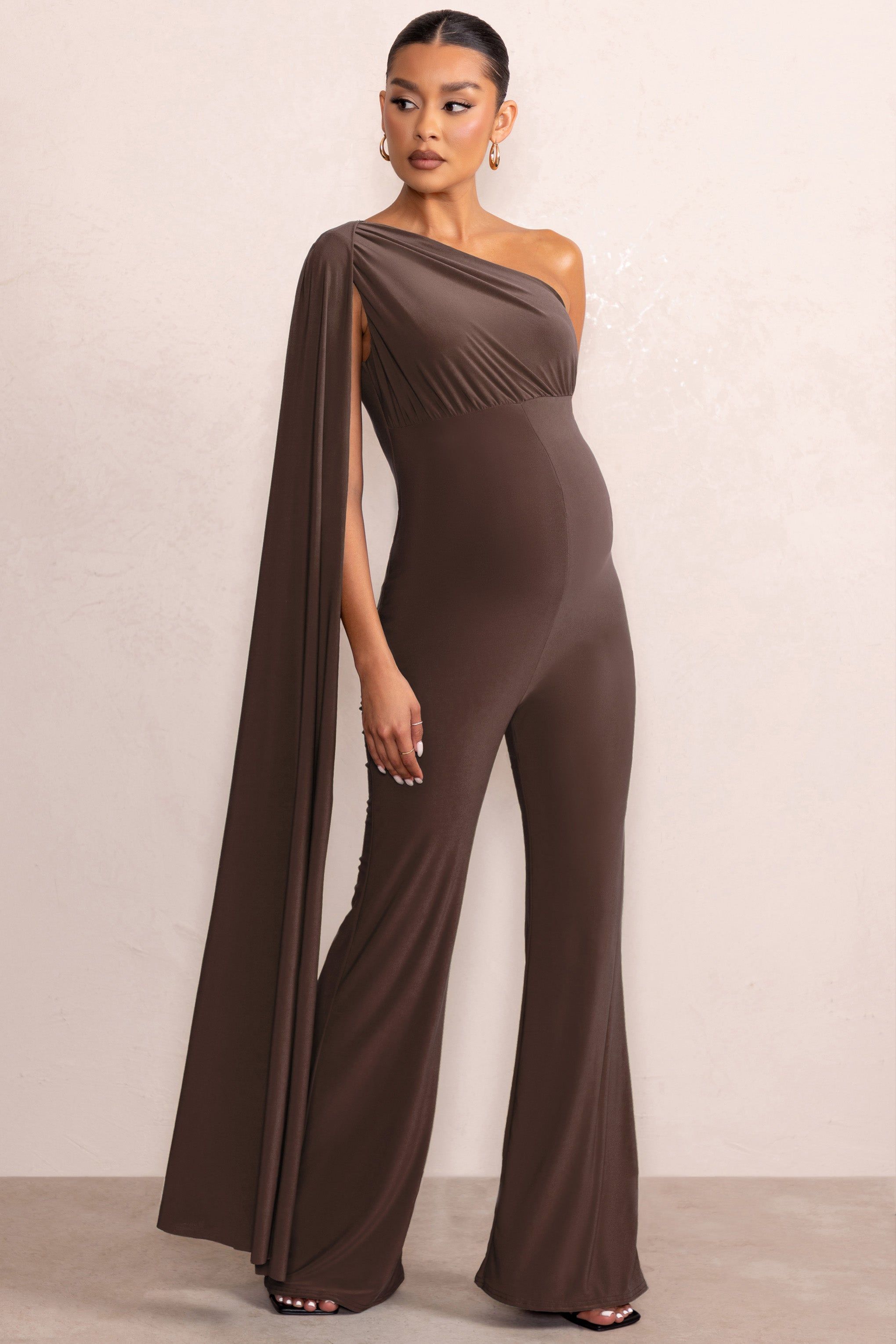 Sing To Sleep | Chocolate Maternity One Shoulder Cape Jumpsuit sold by Club L London product image thumbnail 4