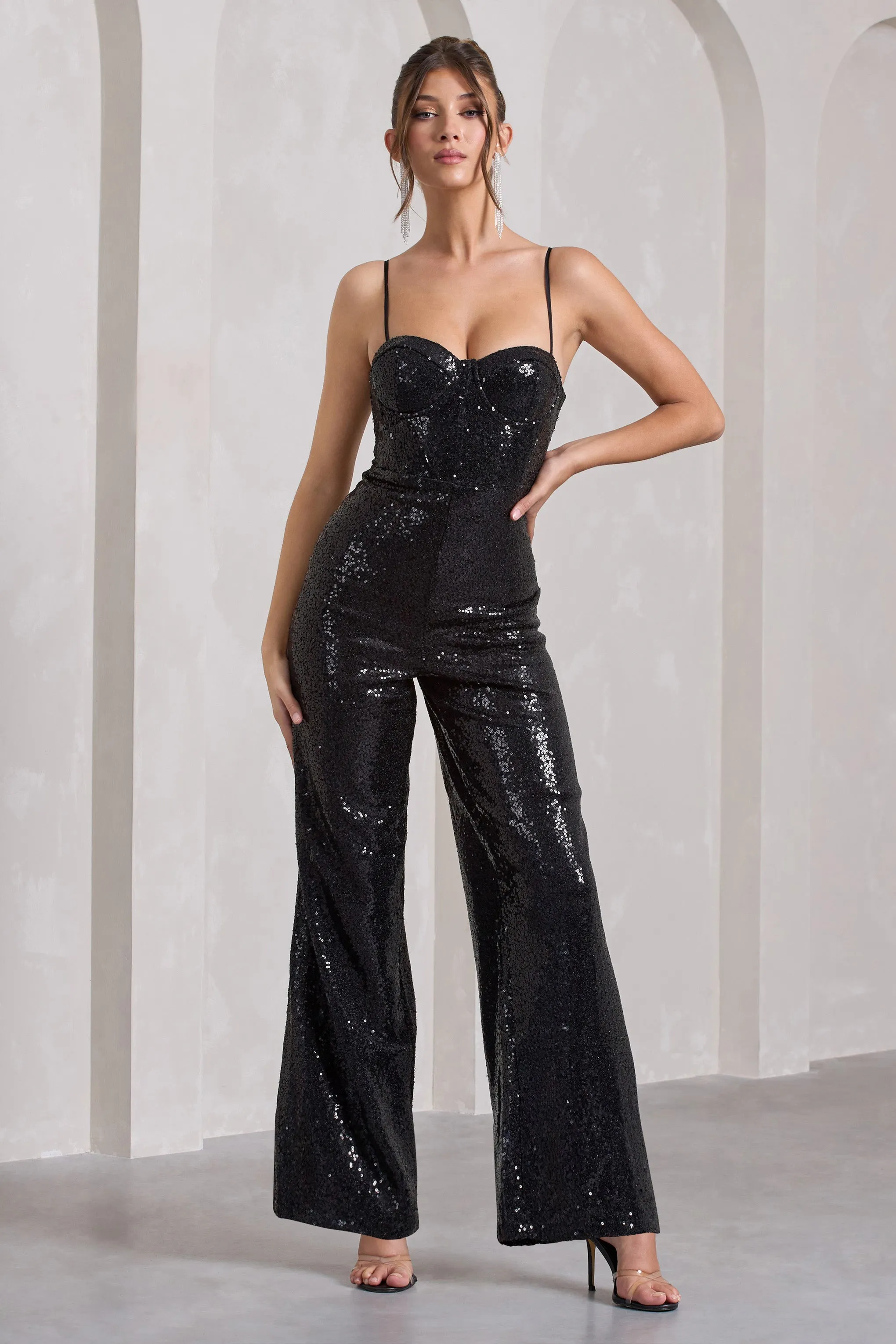 Dandelion | Black Strappy Corset Sequin Jumpsuit sold by Club L London
