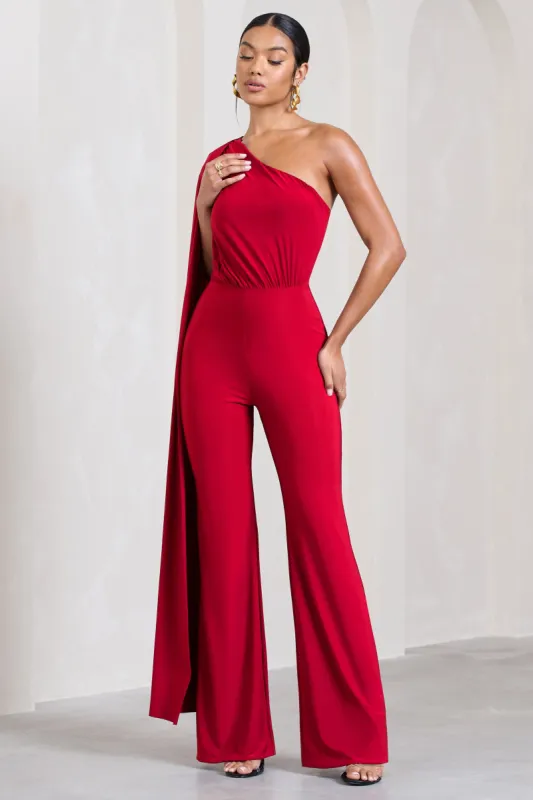 Aurora | Red One Shoulder Cape Sleeve Jumpsuit sold by Club L London
