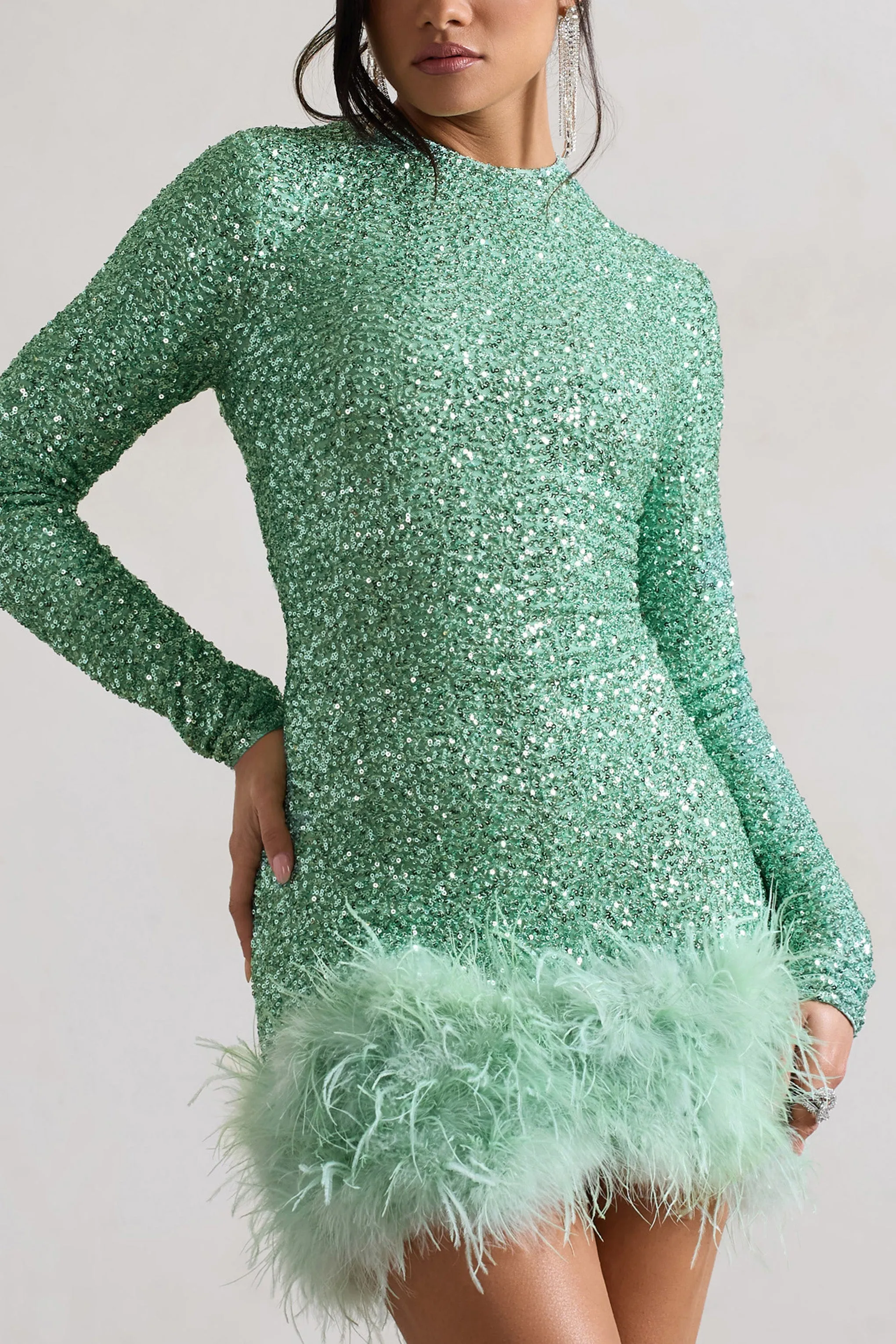 Claudia | Mint Sequin High Neck Feather Hem Mini Dress With Long Sleeves sold by Club L London product image thumbnail 4