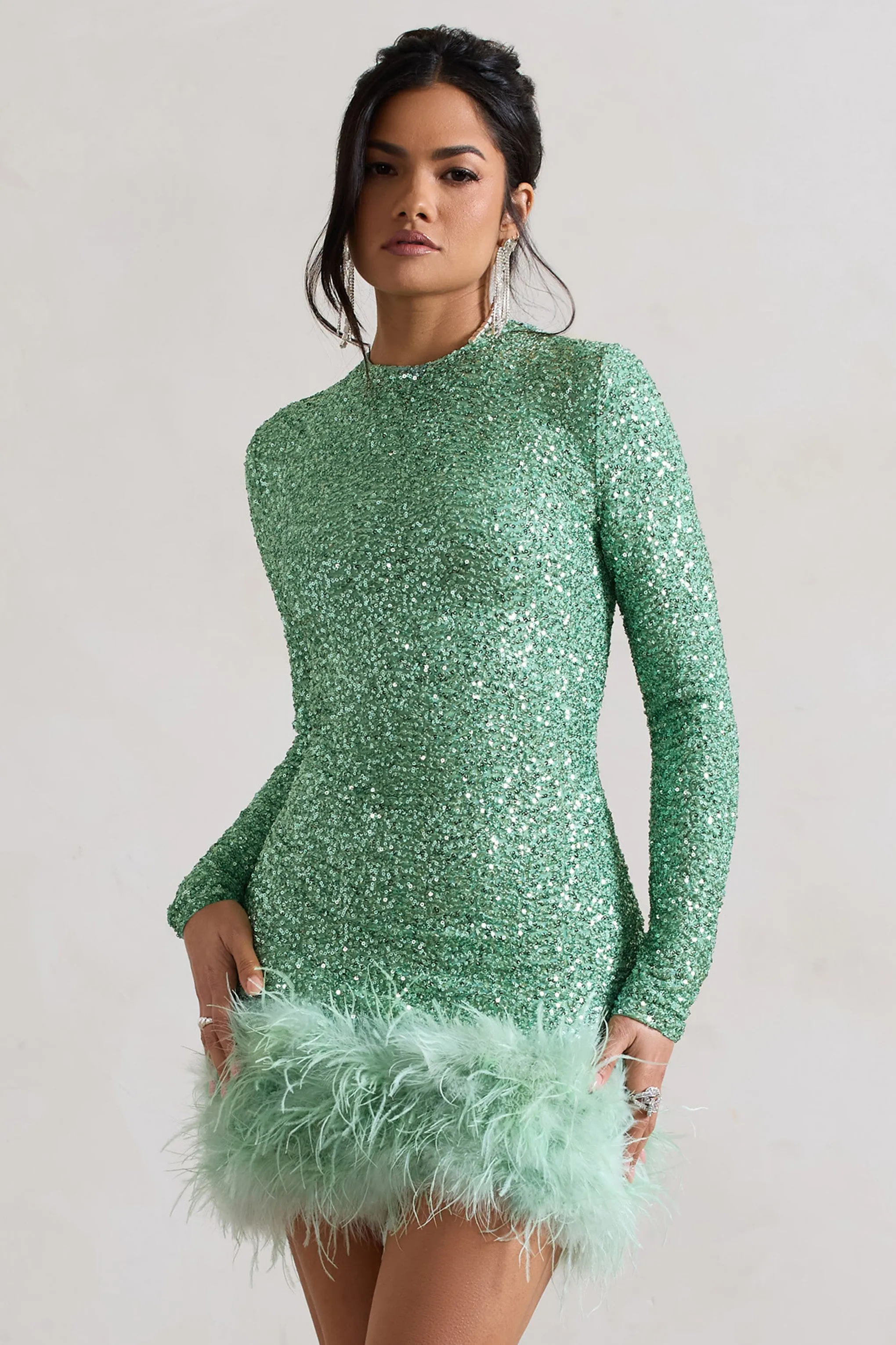 Claudia | Mint Sequin High Neck Feather Hem Mini Dress With Long Sleeves sold by Club L London product image thumbnail 3