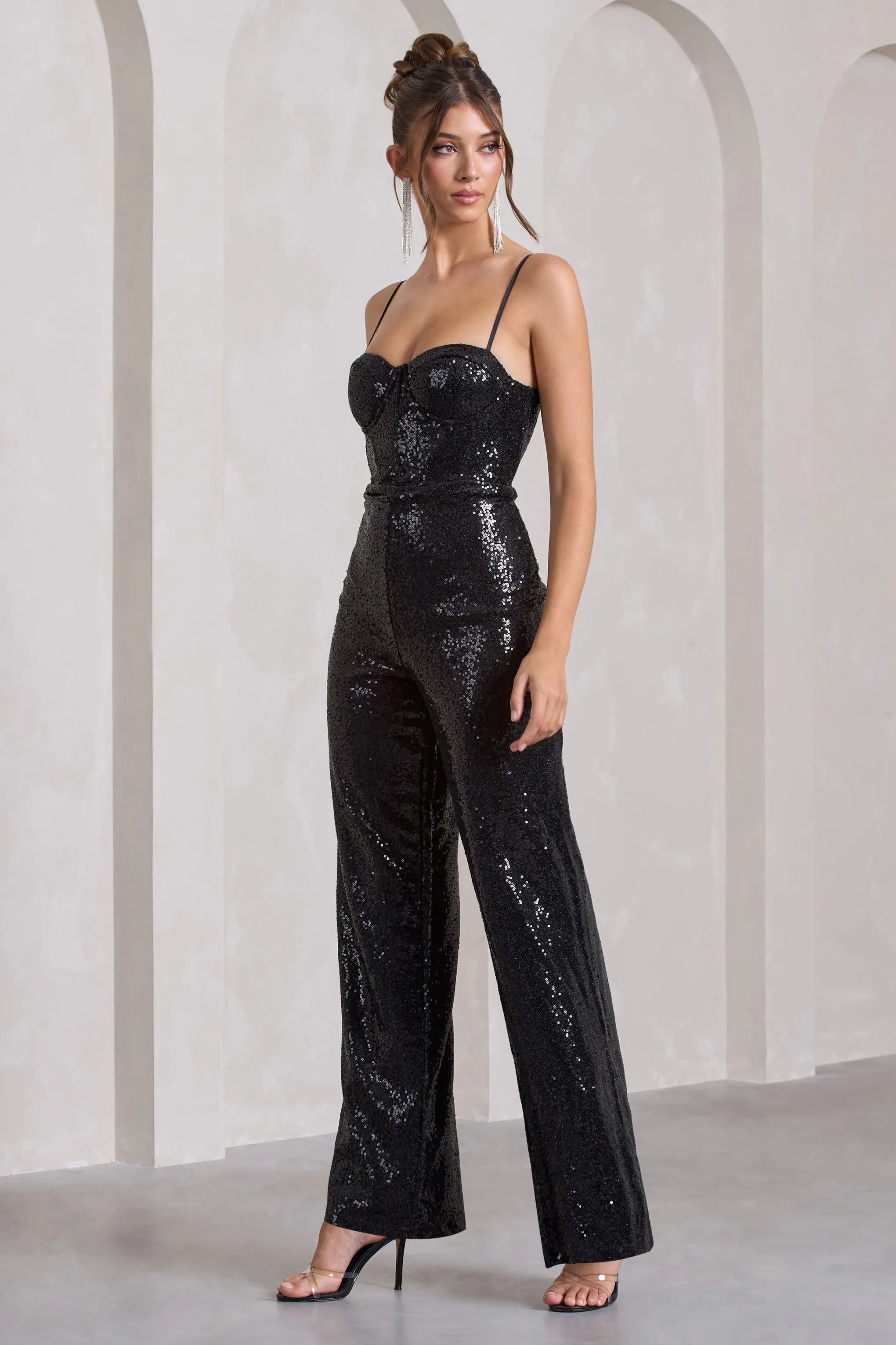 Dandelion | Black Strappy Corset Sequin Jumpsuit sold by Club L London product image thumbnail 4