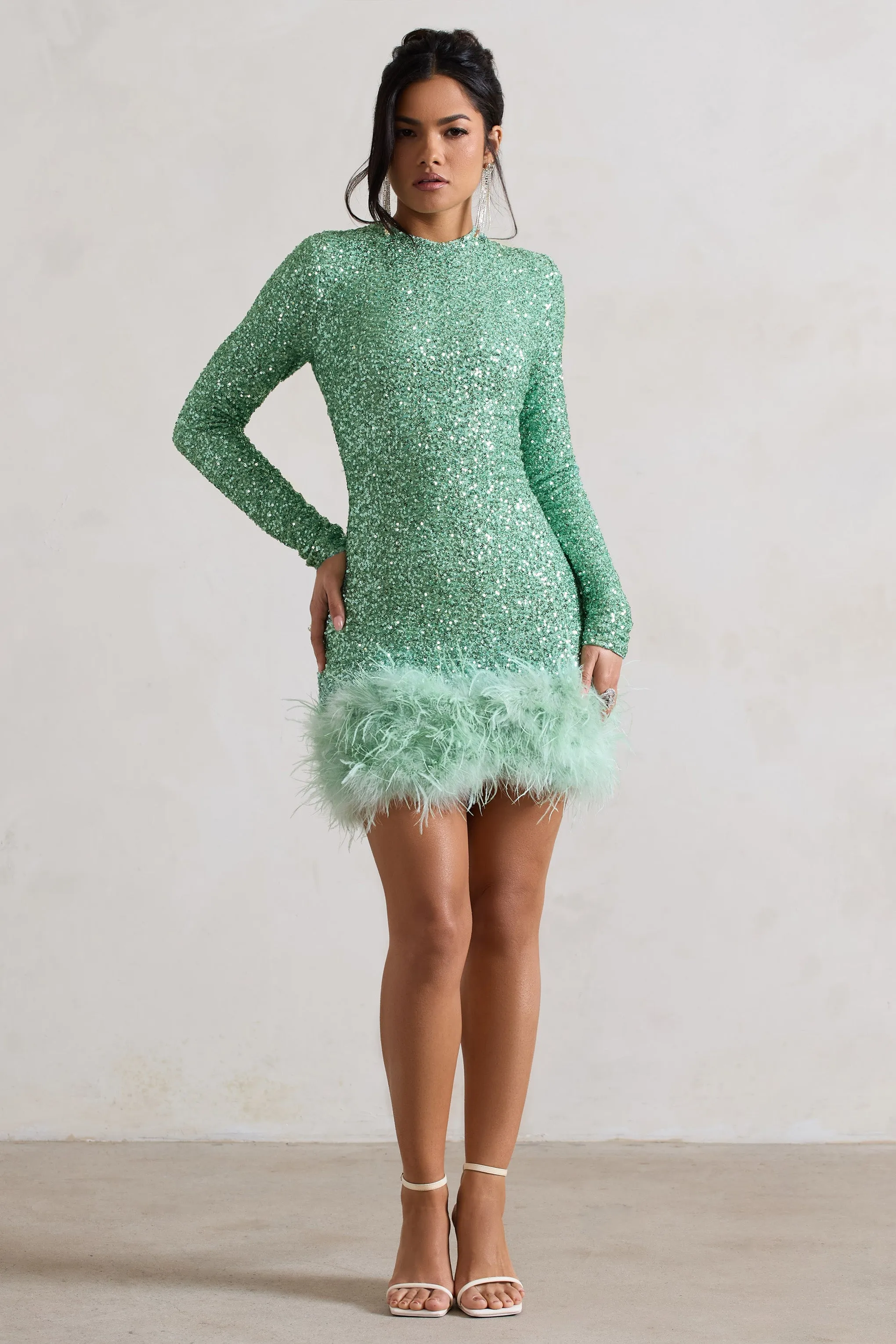Claudia | Mint Sequin High Neck Feather Hem Mini Dress With Long Sleeves sold by Club L London product image thumbnail 5