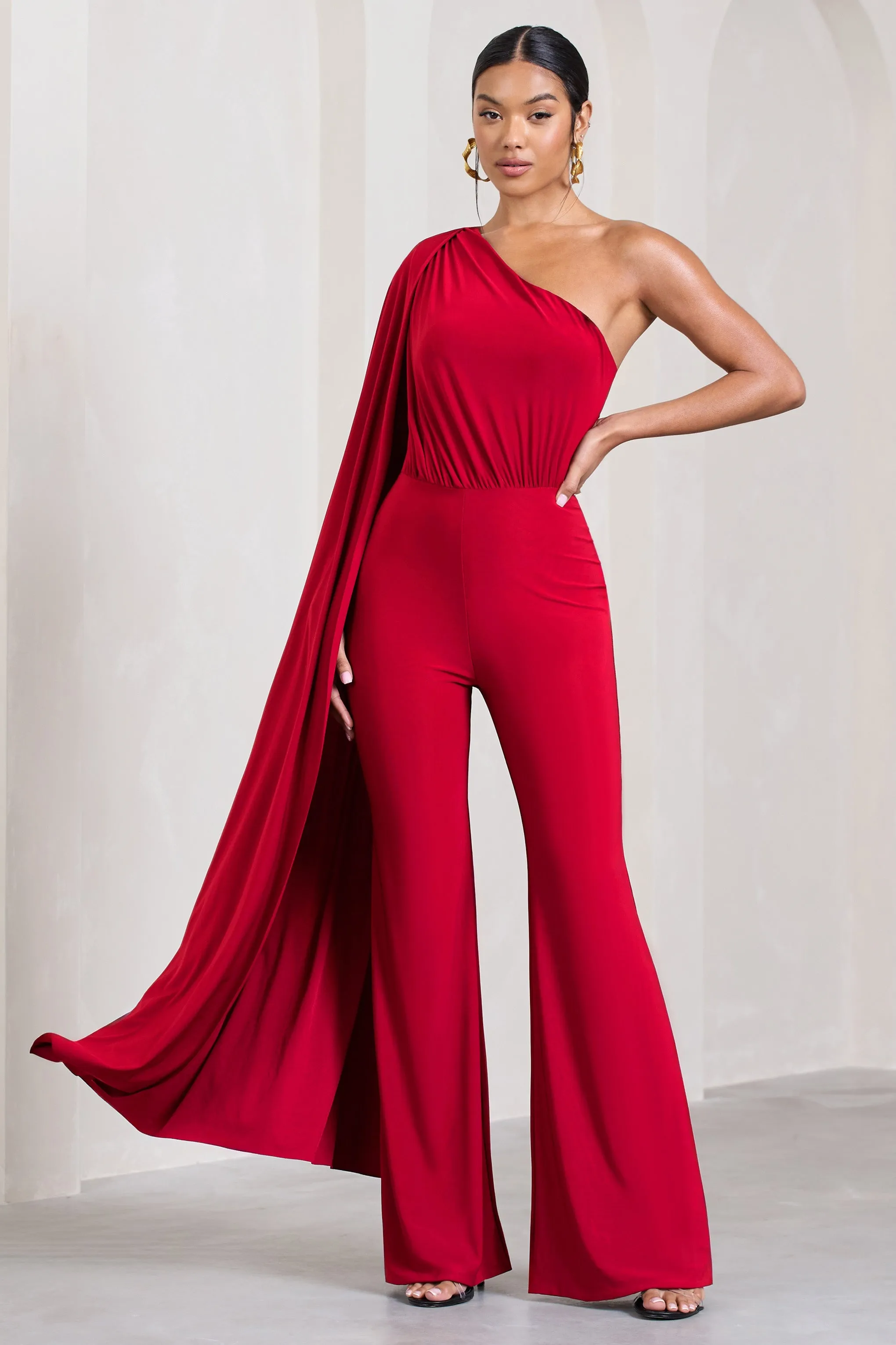 Aurora | Red One Shoulder Cape Sleeve Jumpsuit sold by Club L London product image thumbnail 3