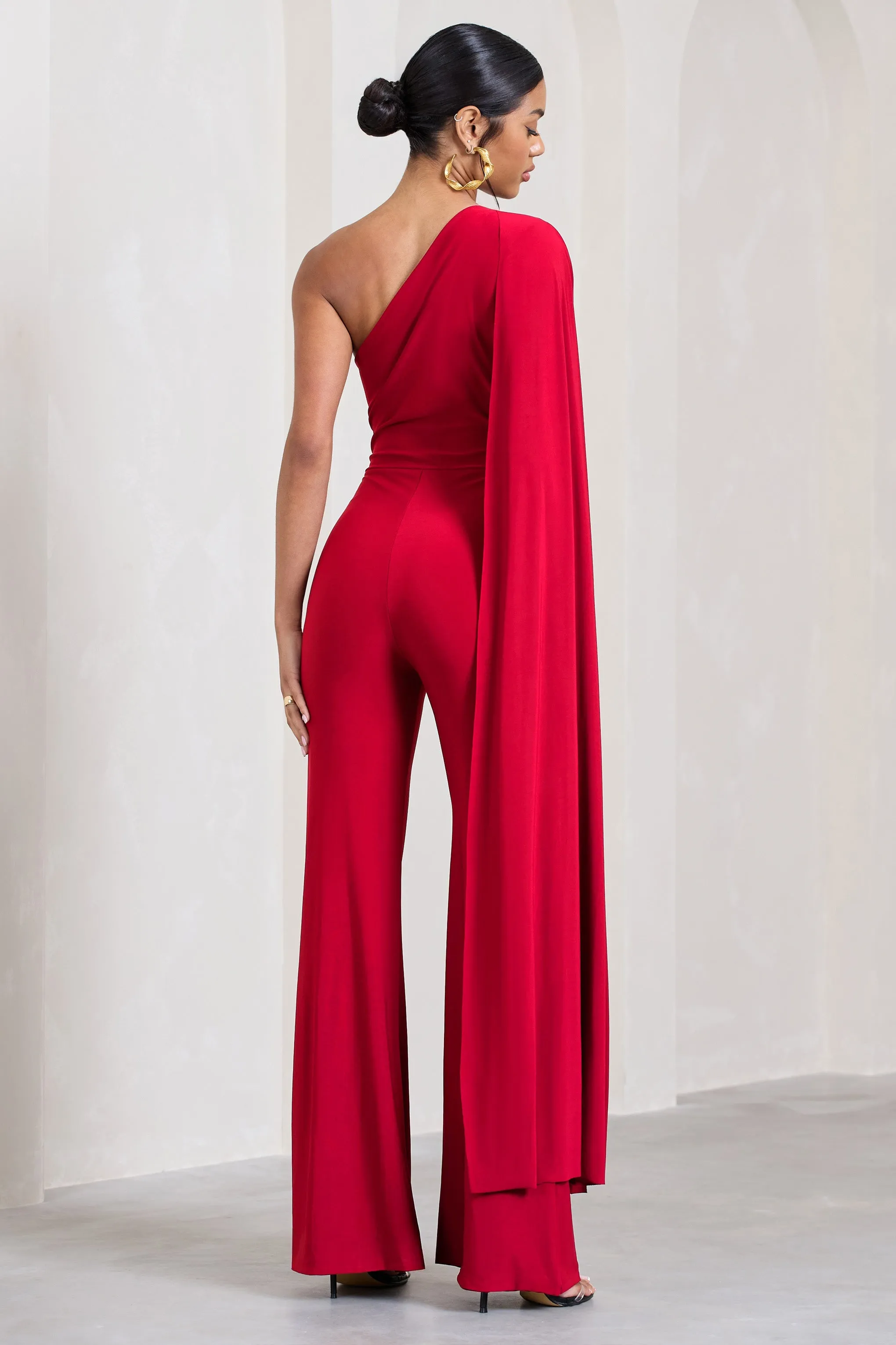 Aurora | Red One Shoulder Cape Sleeve Jumpsuit sold by Club L London product image thumbnail 2