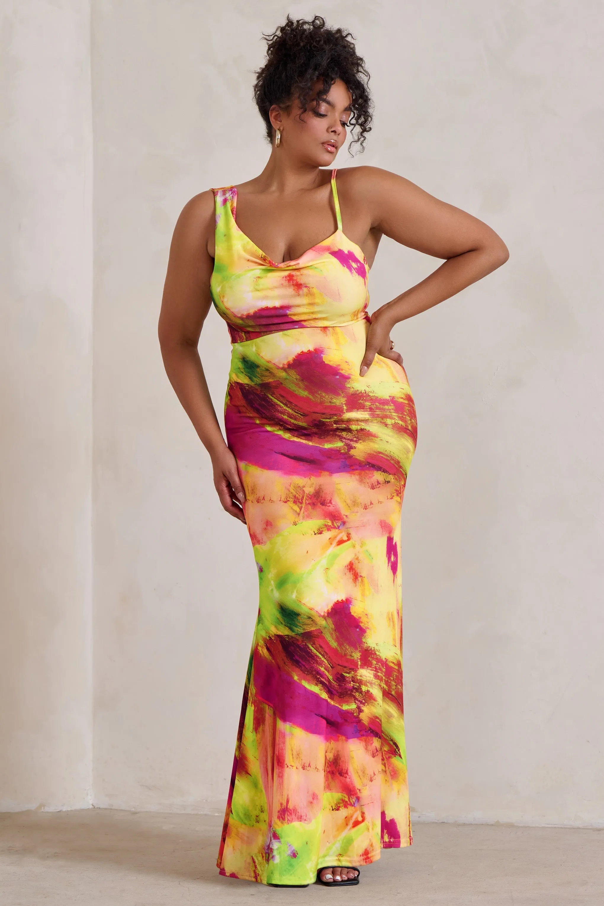 Phantasy | Lime Print Asymmetric Neckline Cowl Maxi Dress sold by Club L London product image thumbnail 5