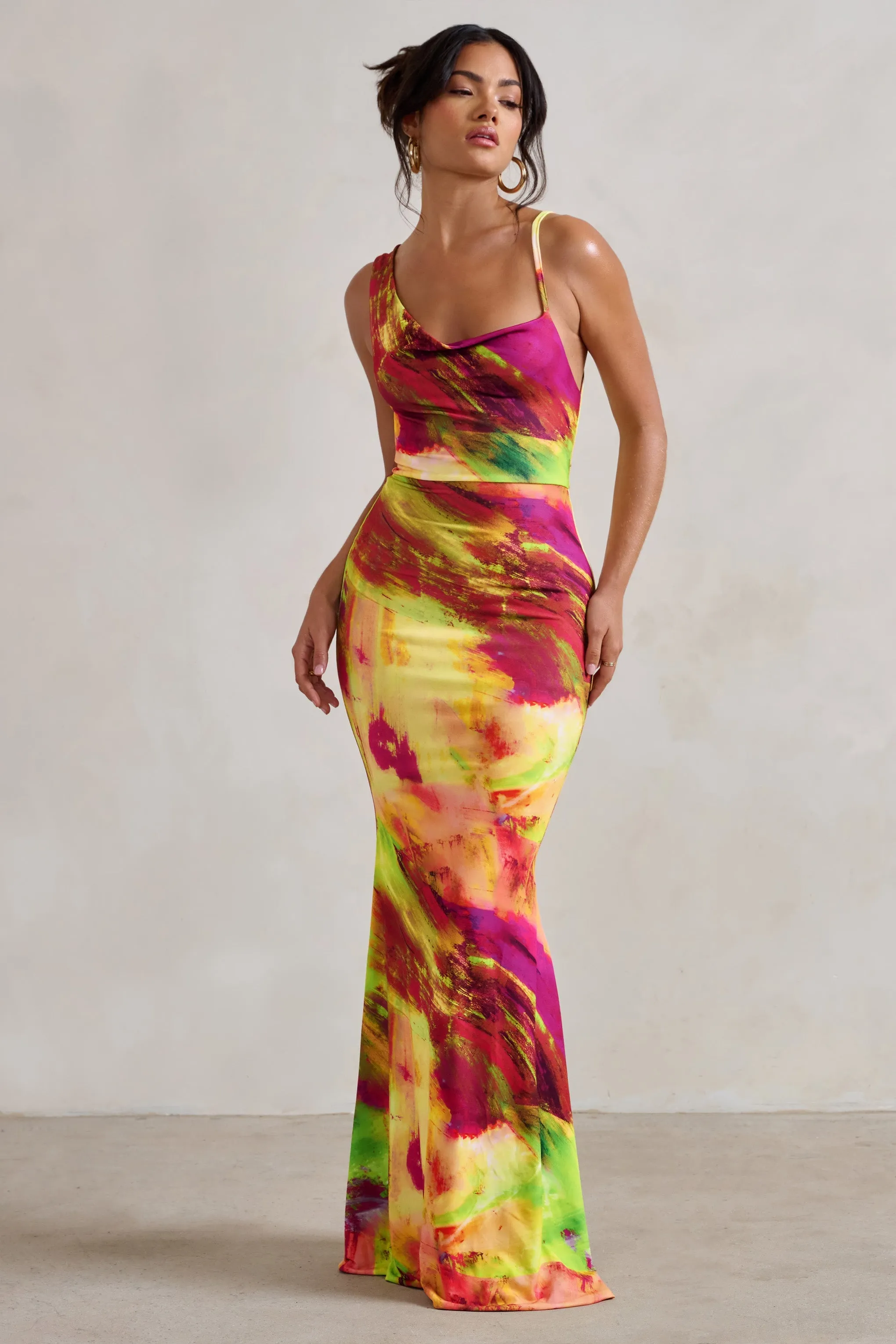 Phantasy | Lime Print Asymmetric Neckline Cowl Maxi Dress sold by Club L London product image thumbnail 4