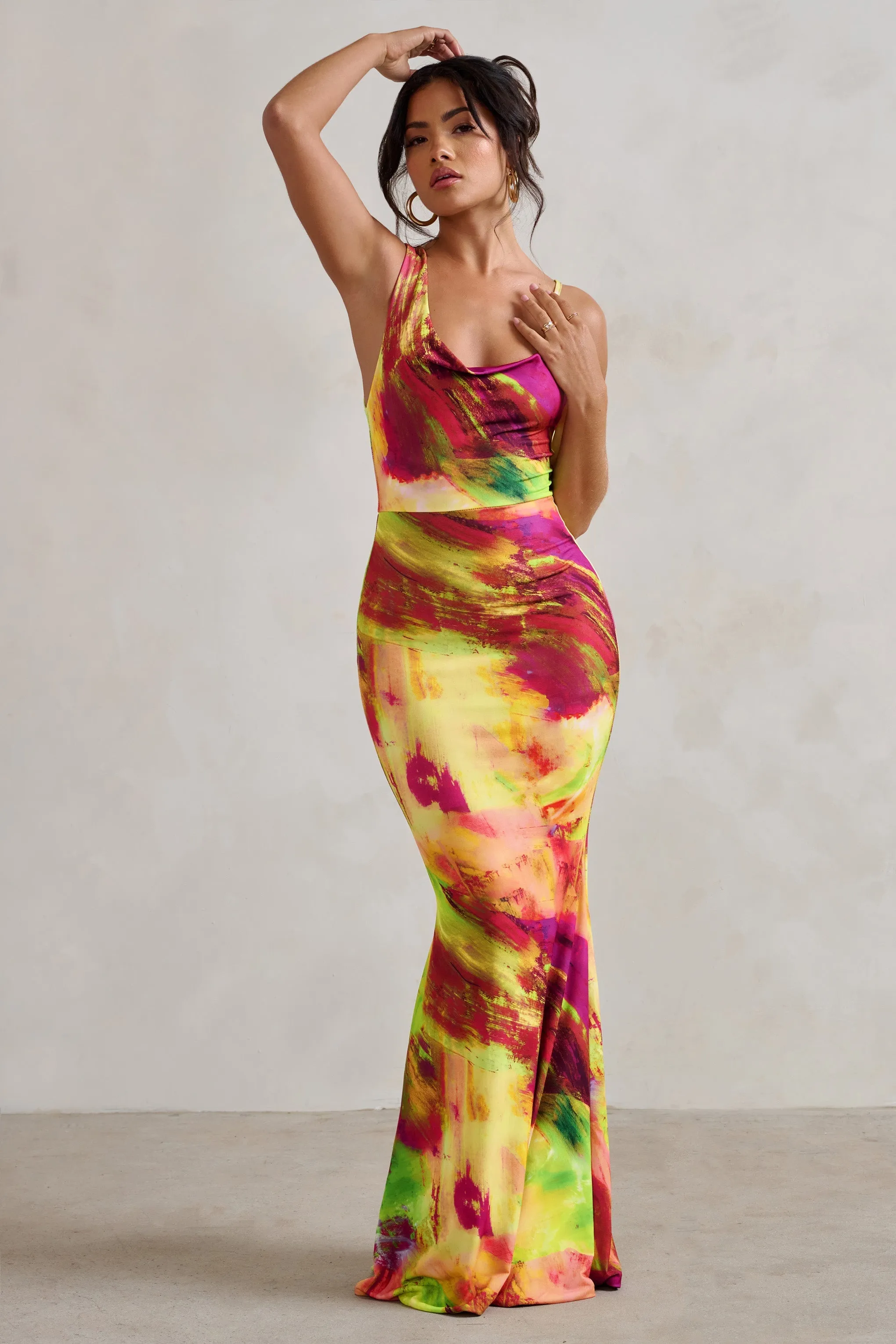 Phantasy | Lime Print Asymmetric Neckline Cowl Maxi Dress sold by Club L London