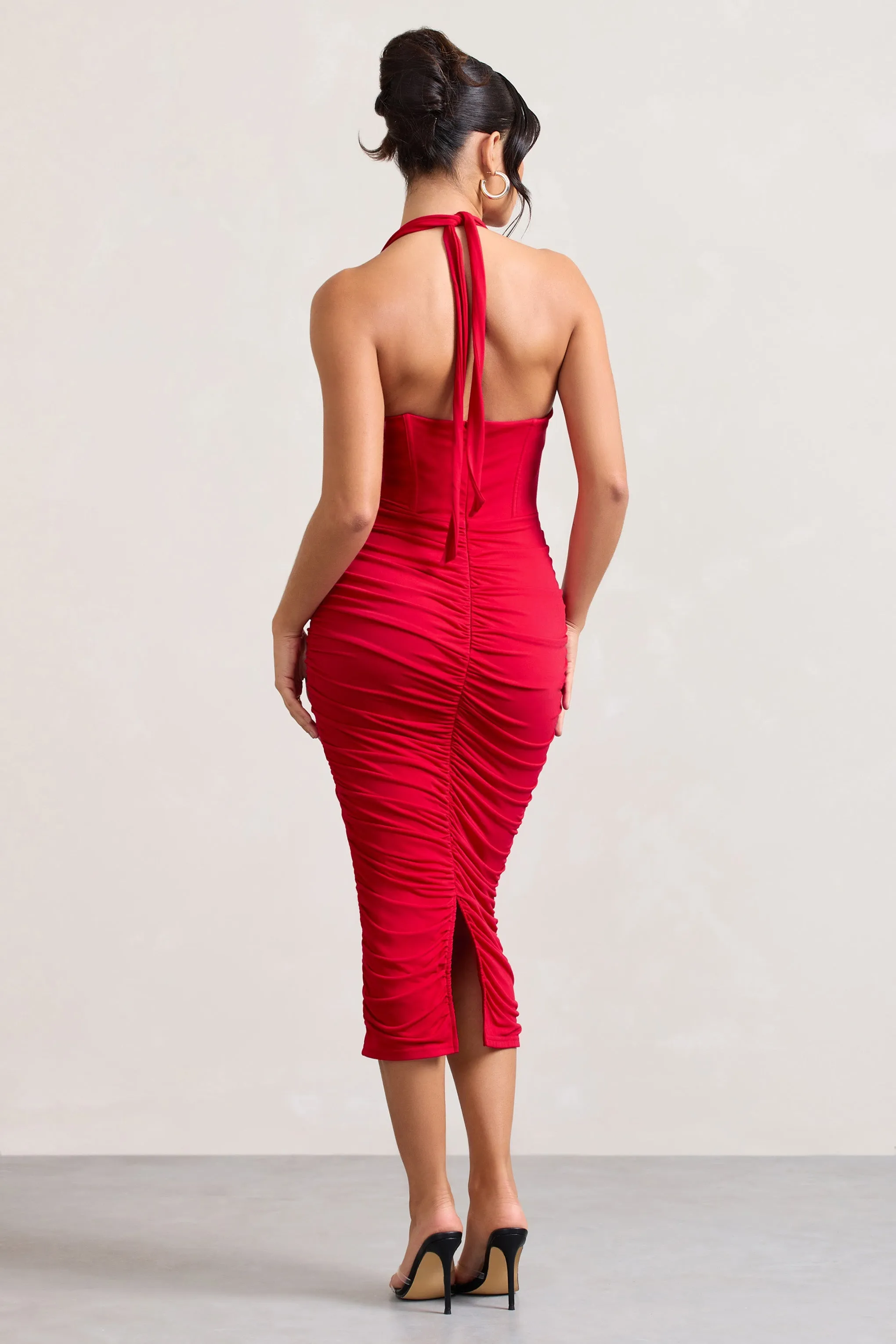 Amy | Red Halter-Neck Corset Ruched Midi Dress sold by Club L London product image thumbnail 4