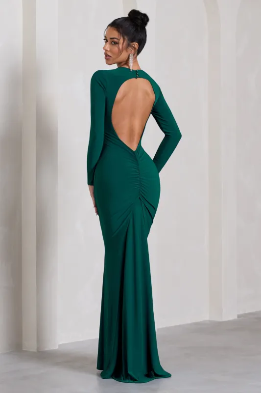Starring | Bottle Green  Long-Sleeve Backless  Maxi Dress made by Club L London