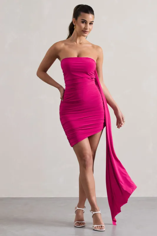 Siena | Hot Pink Ruched Asymmetric Mini Dress With Sash sold by Club L London