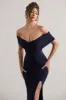 Refined | Navy Twist Front Bardot Maxi Dress sold by Club L London