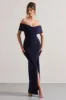 Refined | Navy Twist Front Bardot Maxi Dress sold by Club L London
