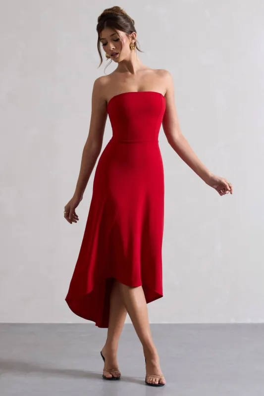 Ariela | Red Bandeau High-Low Midi Dress sold by Club L London