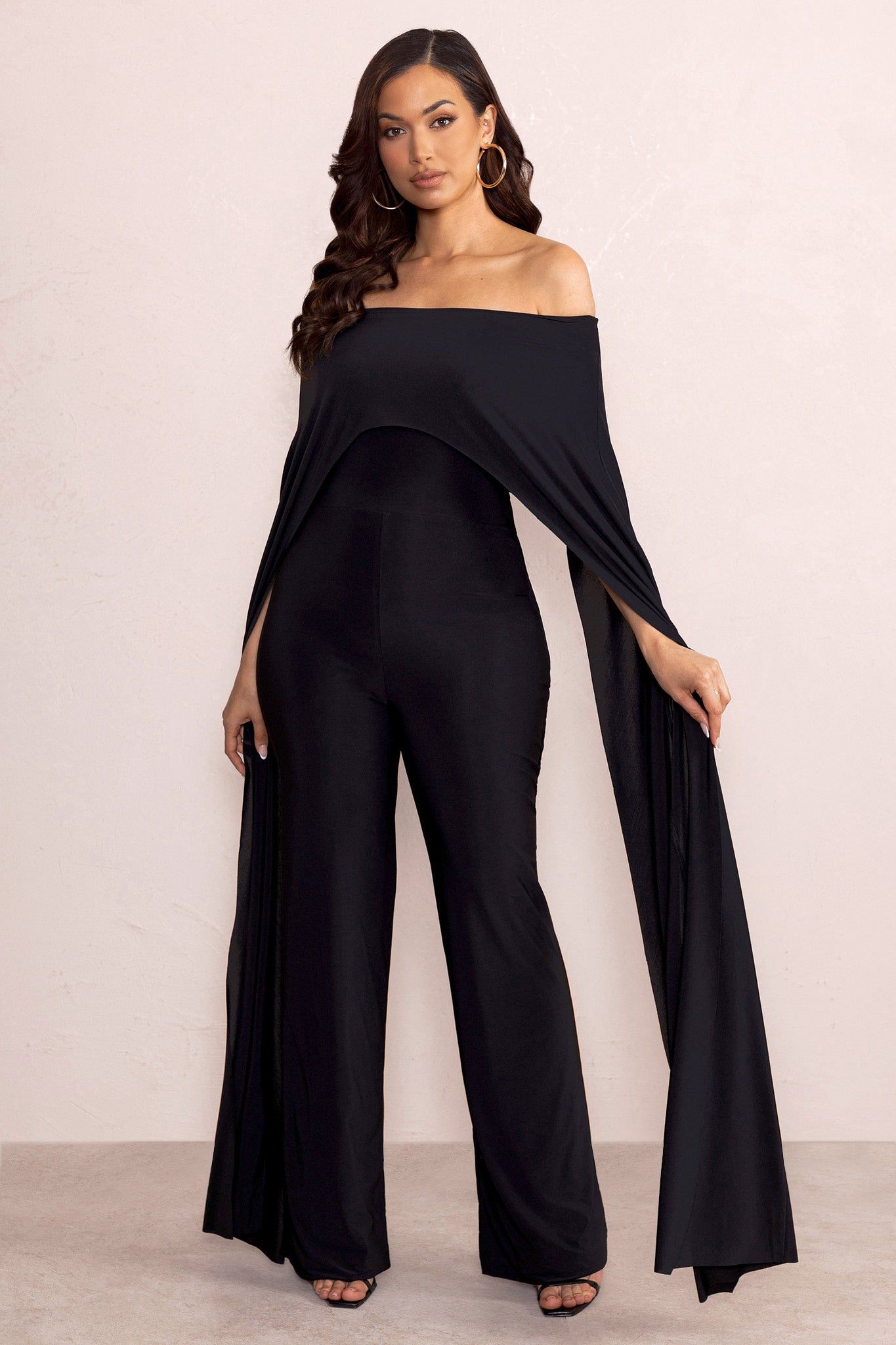 Mayara | Black Bardot Cape Sleeve Jumpsuit sold by Club L London product image thumbnail 4