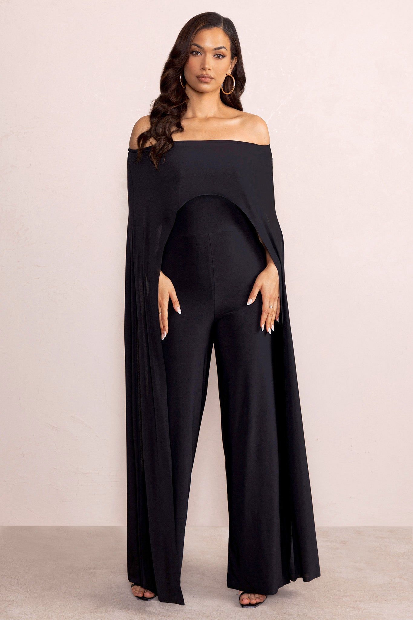 Mayara | Black Bardot Cape Sleeve Jumpsuit sold by Club L London