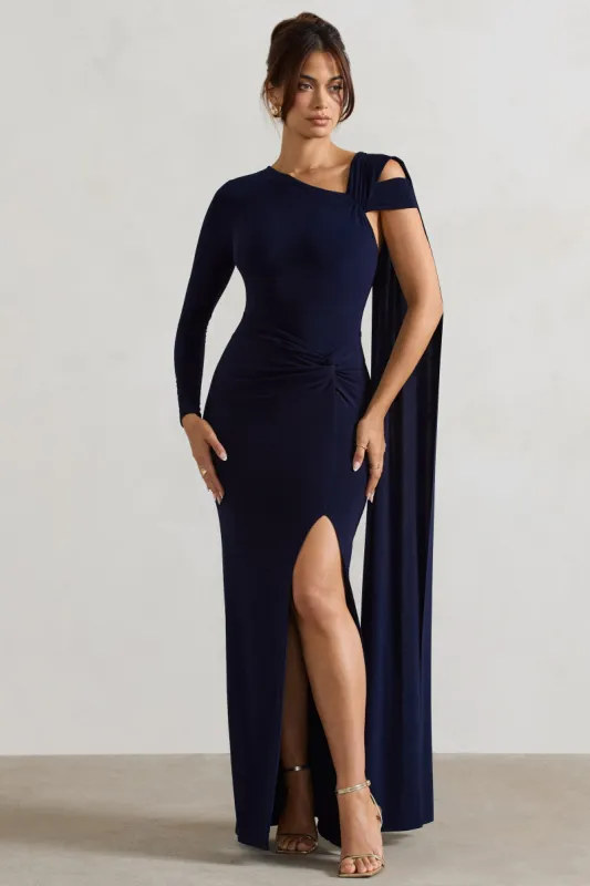 Padua | Navy Asymmetric One-Sleeve Wrap Maxi Dress With Sash sold by Club L London
