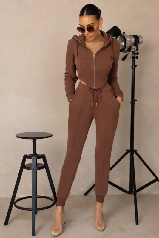 All Day Hustle | Brown Tie Waist Tapered Cuffed Joggers made by Club L London
