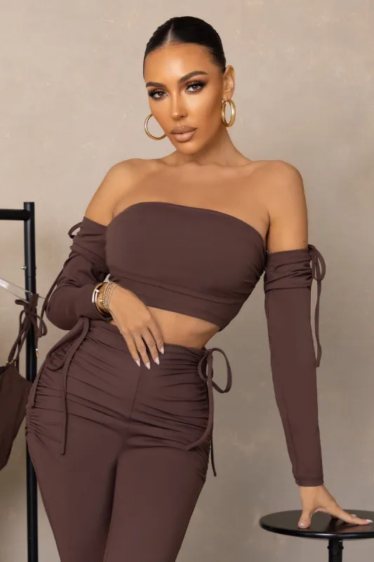 On Top | Brown Ruched Bardot Crop Top sold by Club L London