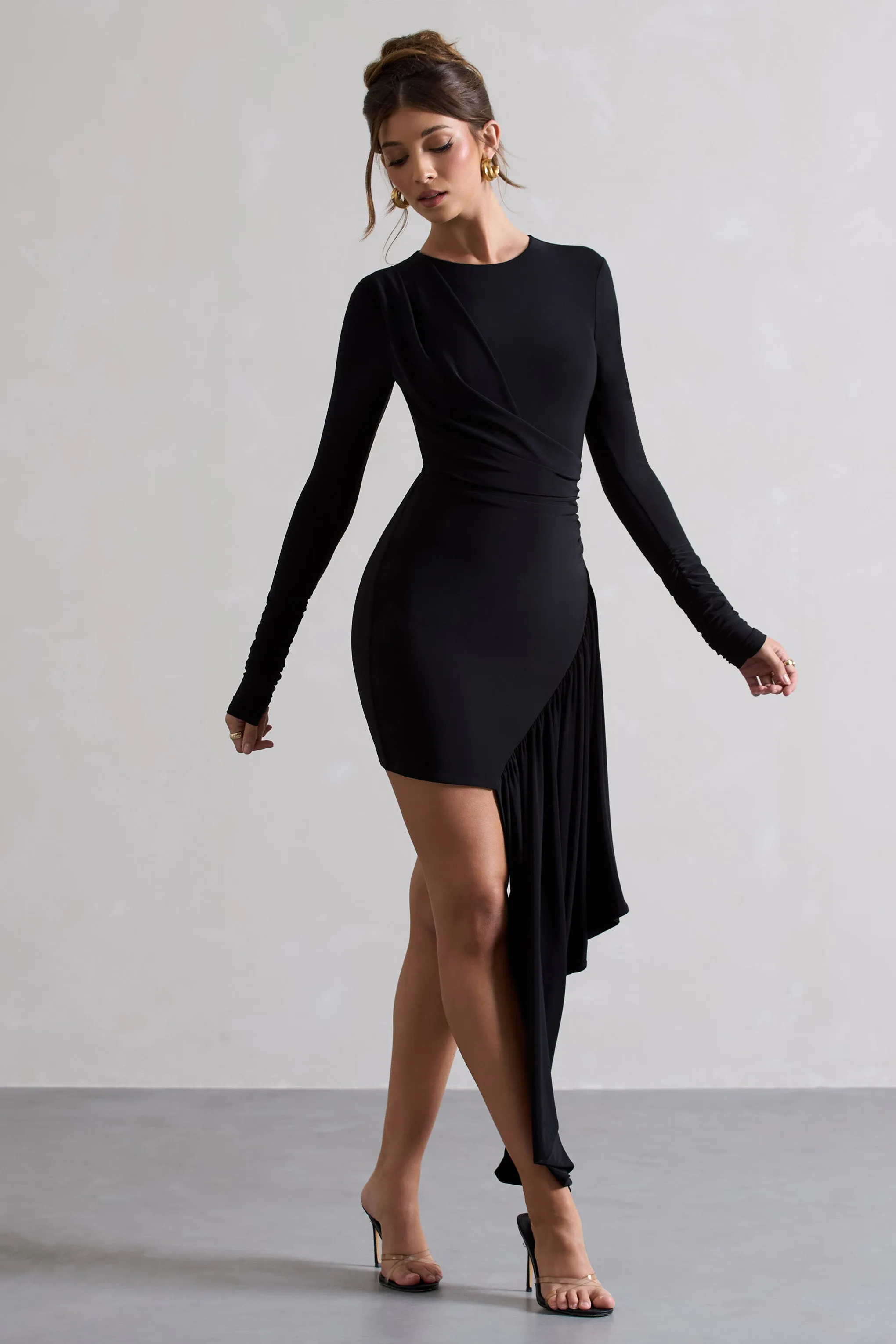 Tate | Black Long-Sleeve Wrap Mini Dress With Drape sold by Club L London product image thumbnail 5