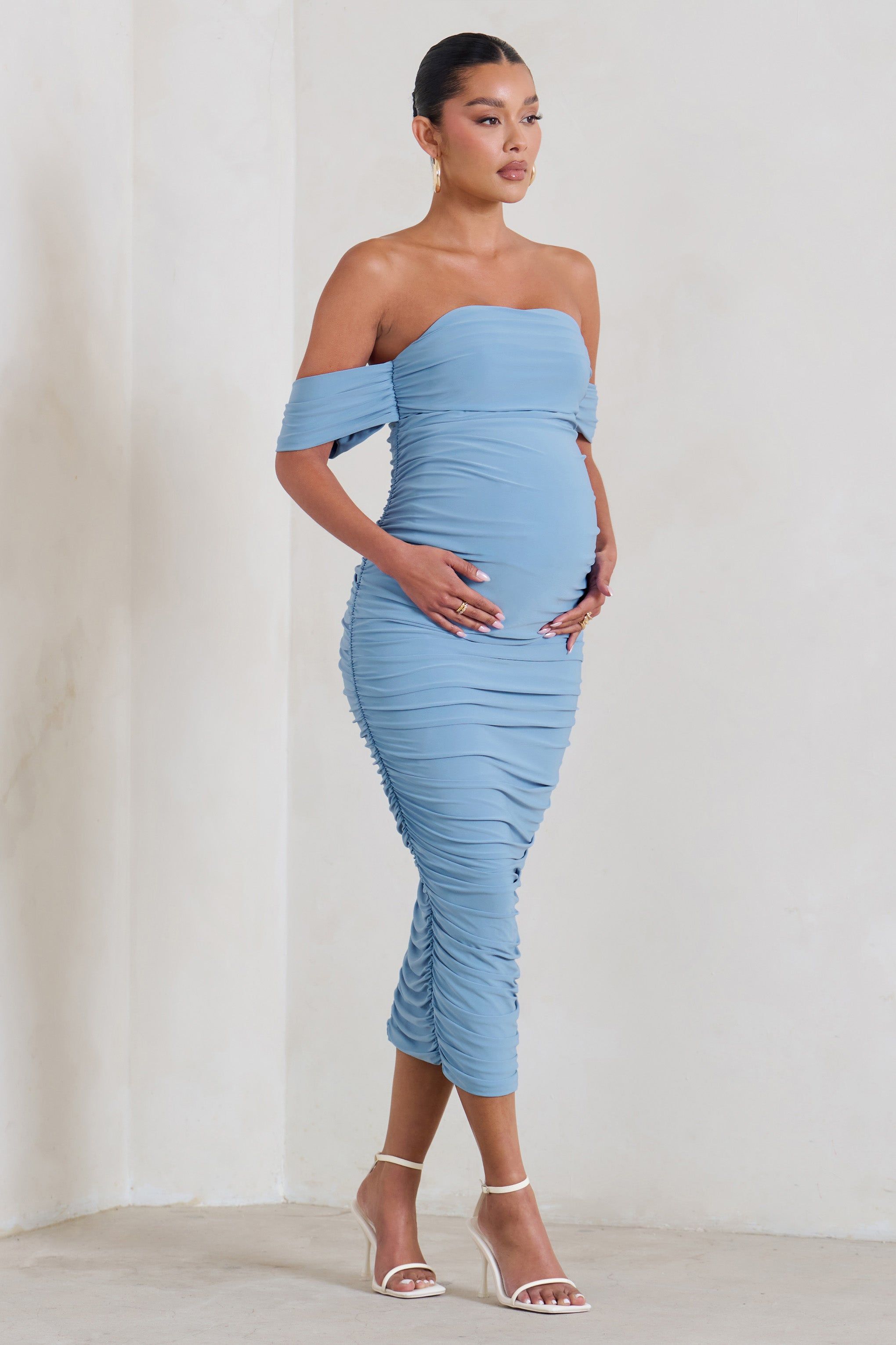 Plus One | Powder Blue Maternity Ruched Bardot Midi Dress sold by Club L London product image thumbnail 5