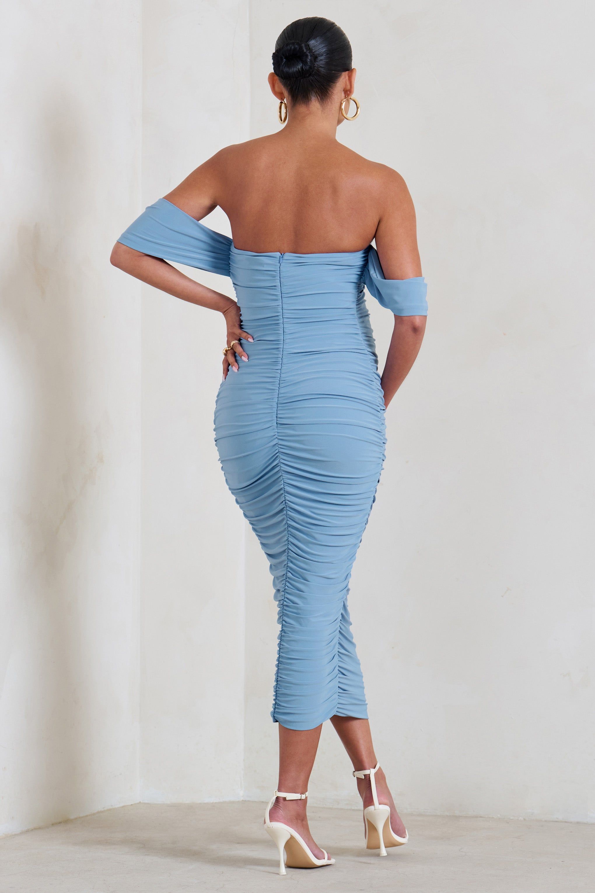 Plus One | Powder Blue Maternity Ruched Bardot Midi Dress sold by Club L London product image thumbnail 2