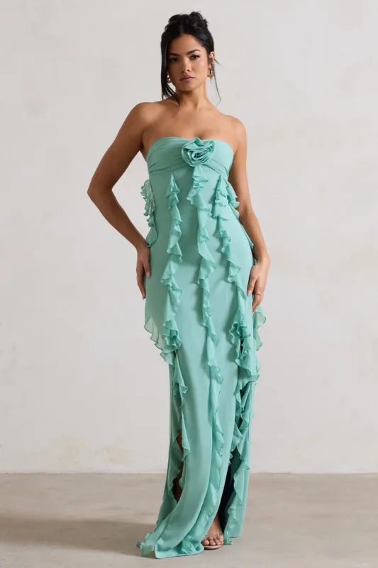 Gardenia | Mint Green Strapless Ruffle Maxi Dress With Corsage sold by Club L London