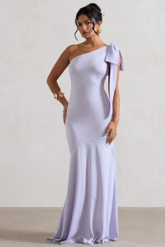 Here For Love | Lilac Satin Asymmetric Maxi Dress With Bow sold by Club L London