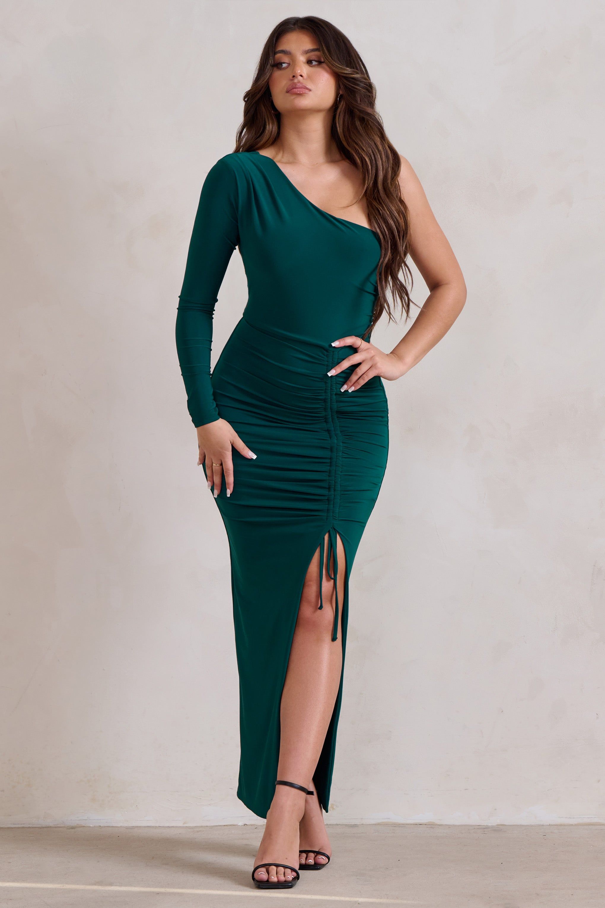 Mystical | Bottle Green One Shoulder Maxi Dress With Side Split sold by Club L London product image thumbnail 4