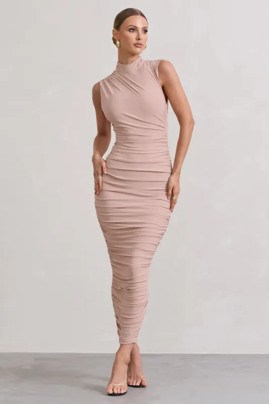 Jaded | Champagne Bodycon Ruched High-Neck Open-Back Maxi Dress sold by Club L London