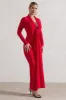 Risha | Red Plunge-Neck Long-Sleeve Drape Maxi Dress sold by Club L London