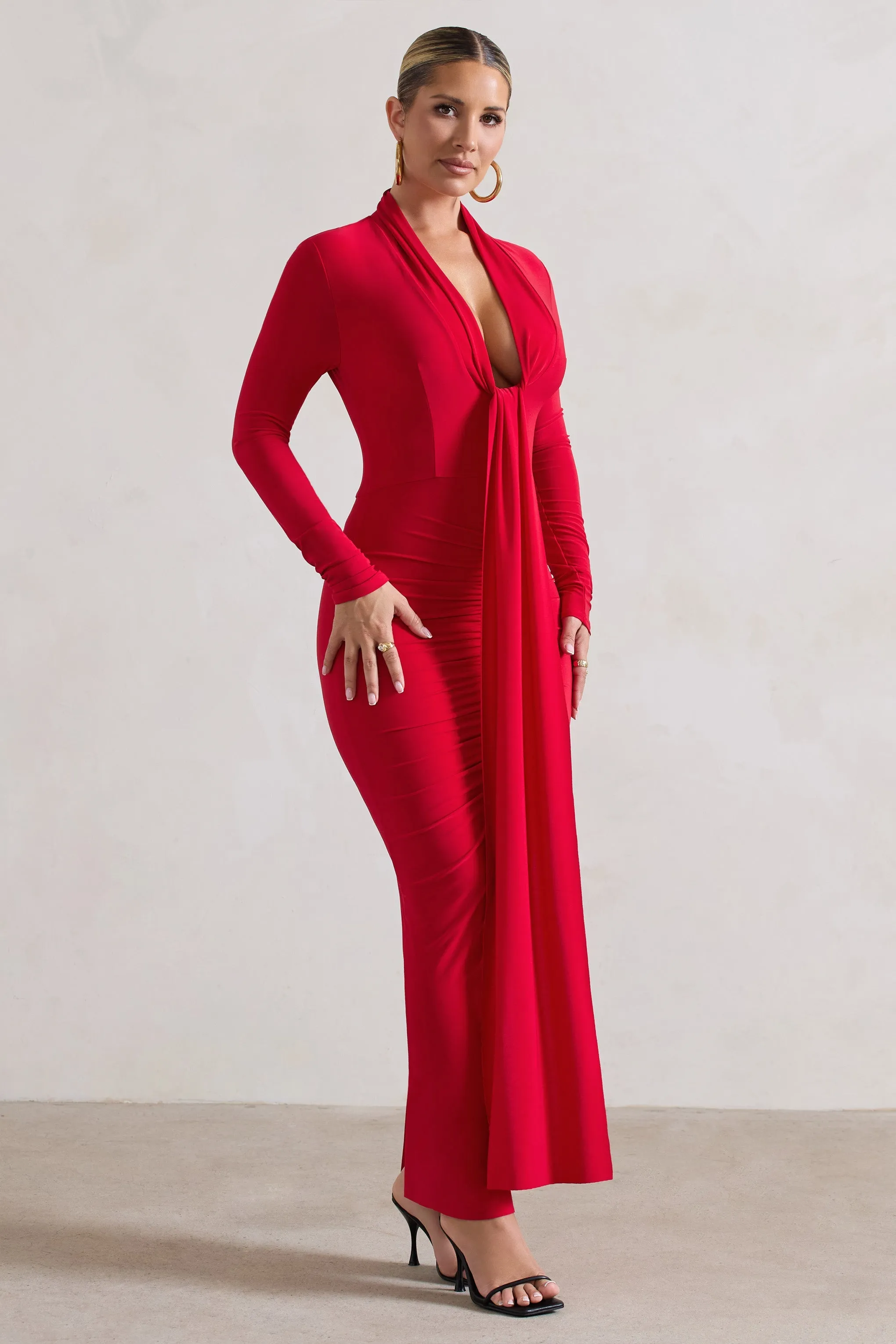 Risha | Red Plunge-Neck Long-Sleeve Drape Maxi Dress sold by Club L London product image thumbnail 4