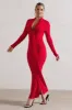 Risha | Red Plunge-Neck Long-Sleeve Drape Maxi Dress sold by Club L London