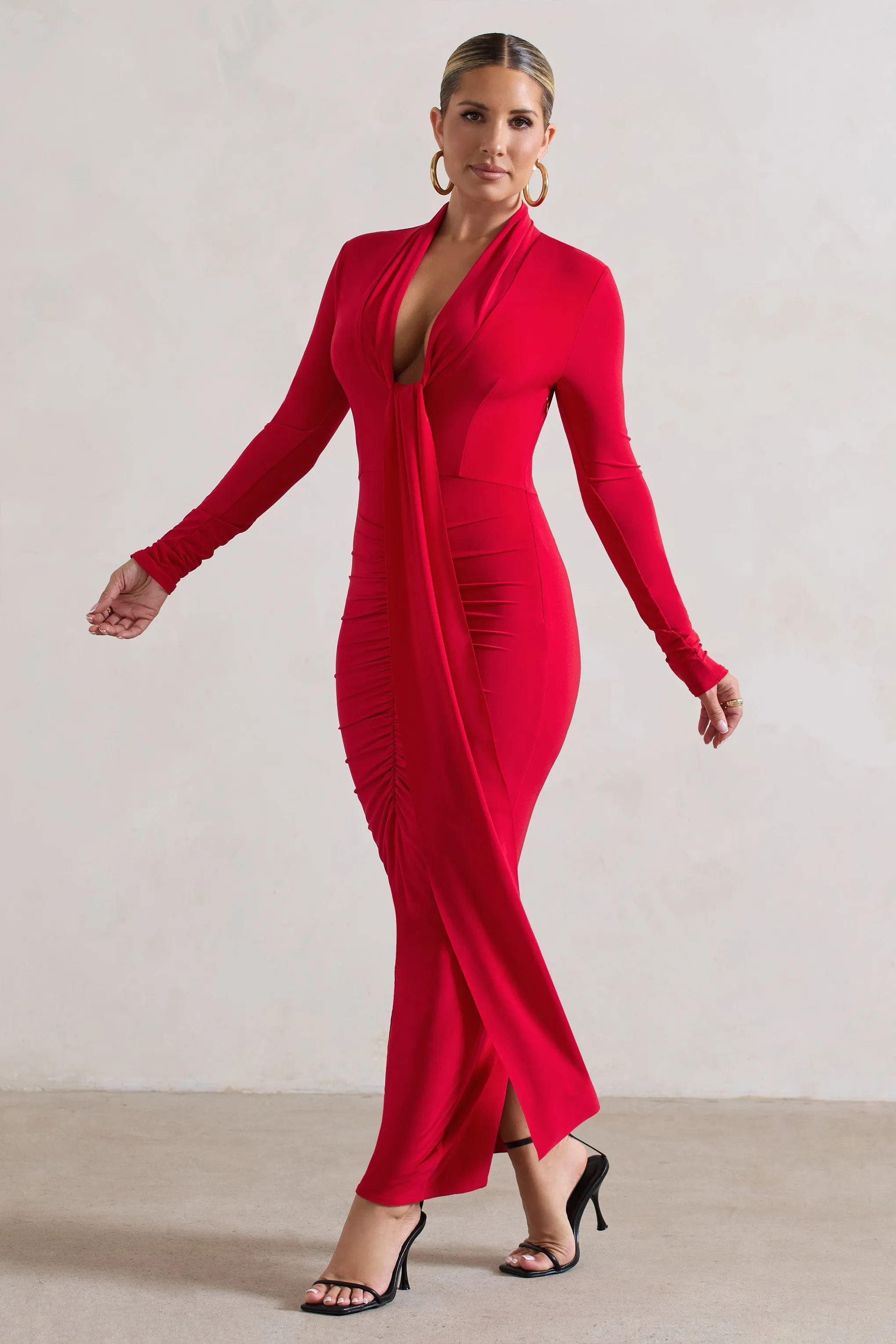 Risha | Red Plunge-Neck Long-Sleeve Drape Maxi Dress sold by Club L London product image thumbnail 5