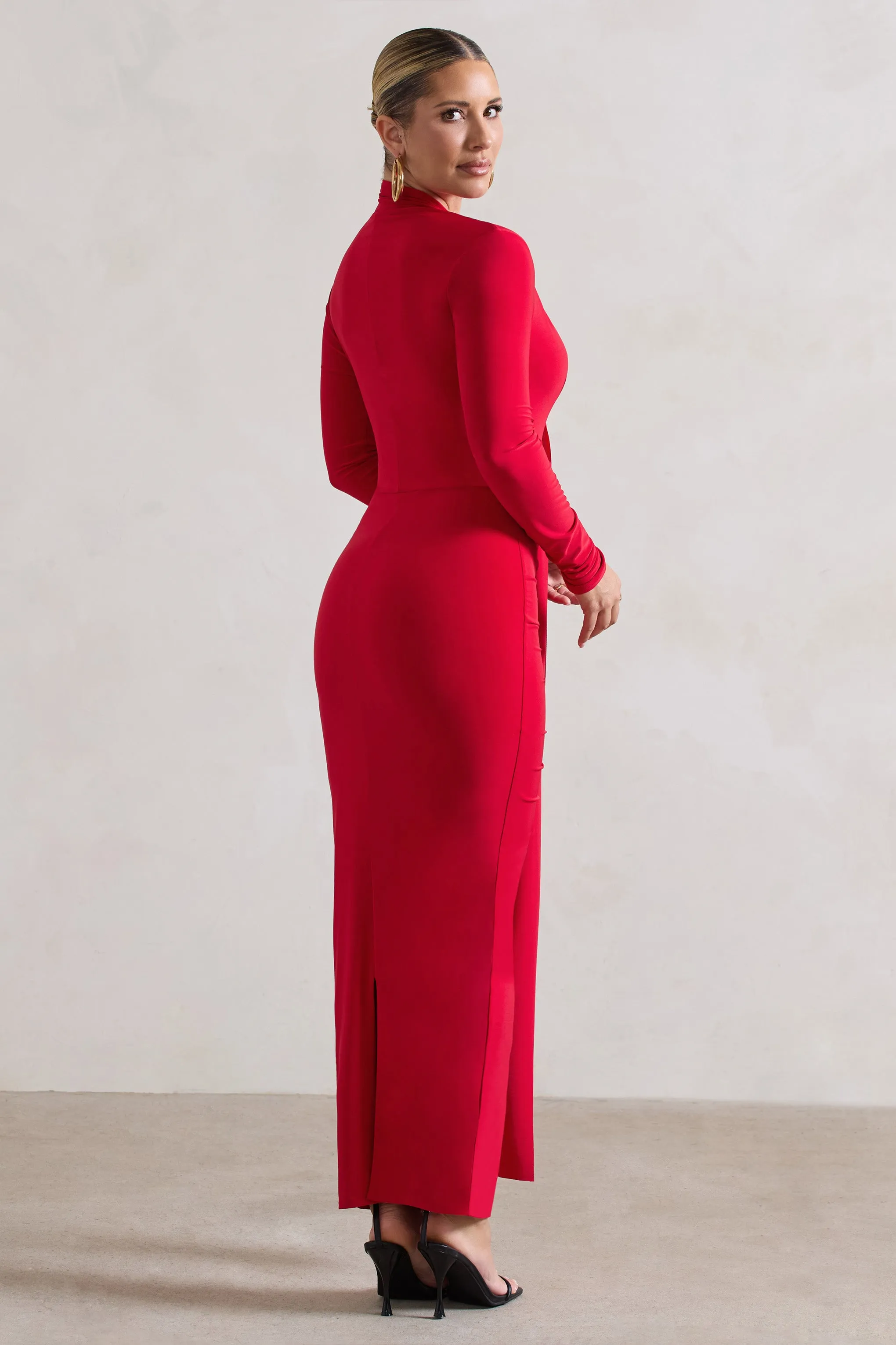 Risha | Red Plunge-Neck Long-Sleeve Drape Maxi Dress sold by Club L London product image thumbnail 2