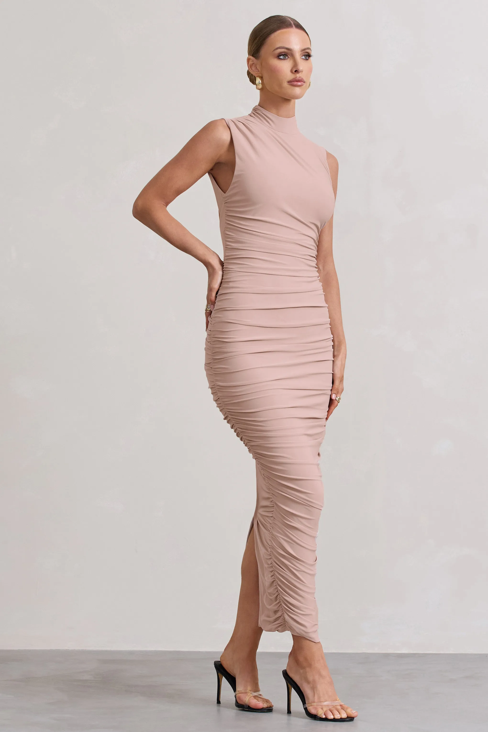 Jaded | Champagne Bodycon Ruched High-Neck Open-Back Maxi Dress sold by Club L London product image thumbnail 5