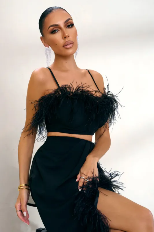 Prestige | Black Bralette With Feather Trim sold by Club L London