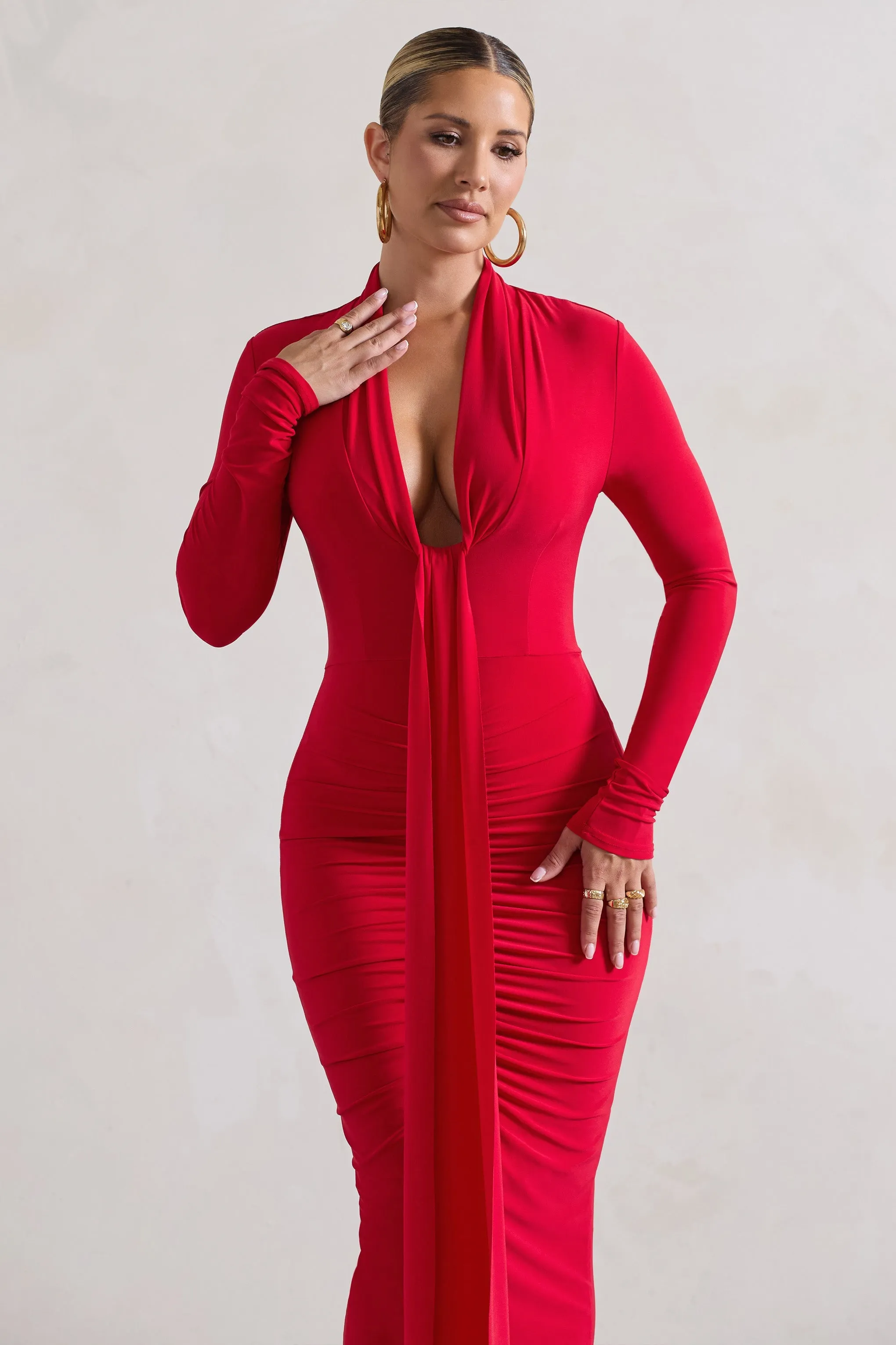 Risha | Red Plunge-Neck Long-Sleeve Drape Maxi Dress sold by Club L London product image thumbnail 3