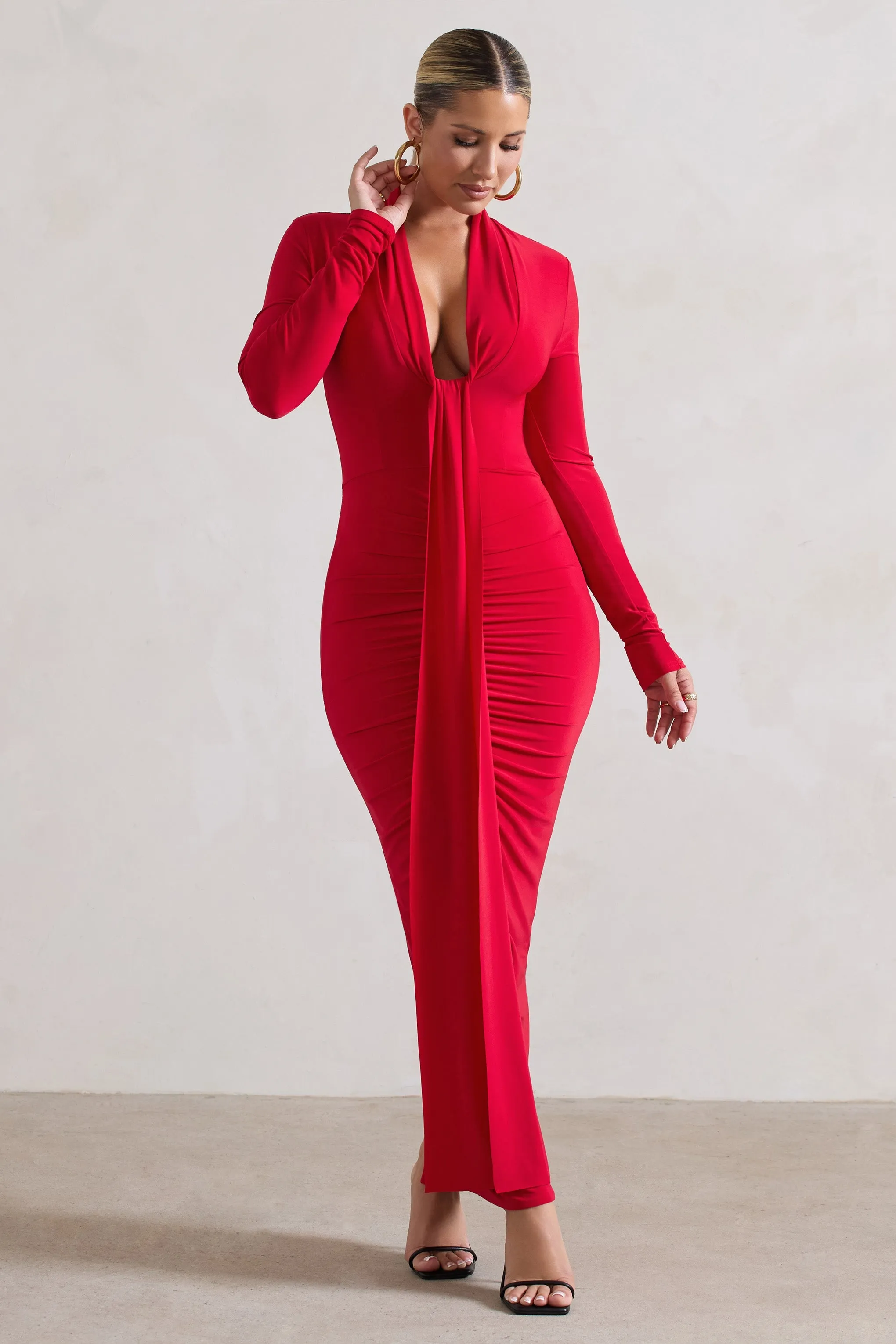 Risha | Red Plunge-Neck Long-Sleeve Drape Maxi Dress sold by Club L London