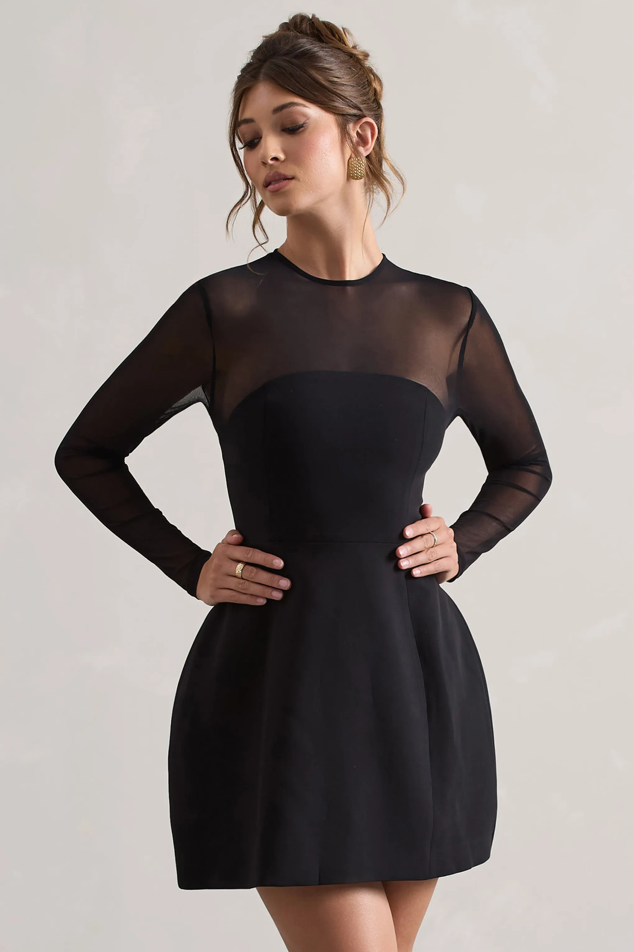 Austen | Black Mesh Long-Sleeve Mini Dress sold by Club L London