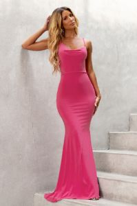 Dream of Me | Hot Pink Asymmetric Neckline Cowl Maxi Dress sold by Club L London