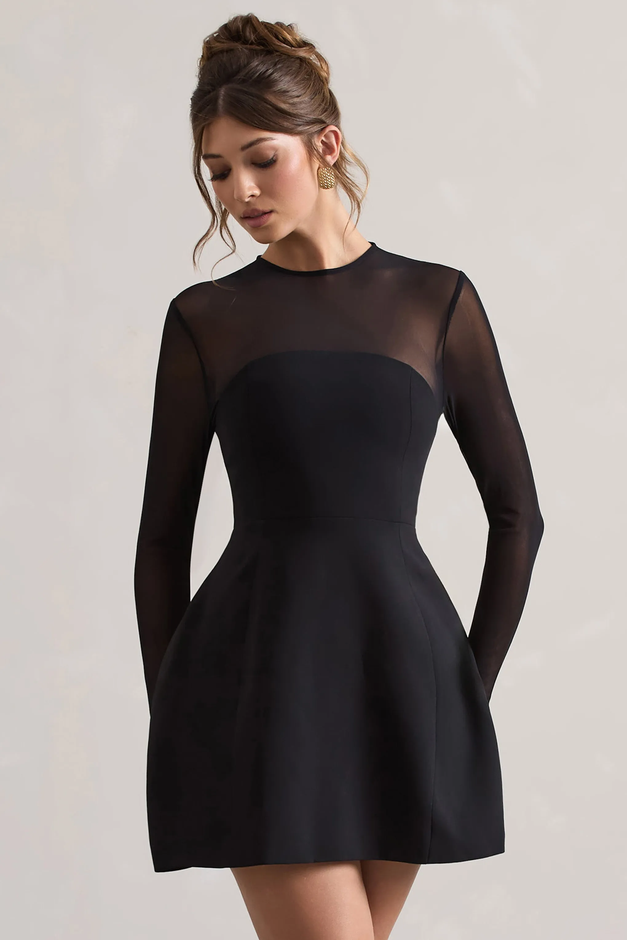 Austen | Black Mesh Long-Sleeve Mini Dress sold by Club L London product image thumbnail 4