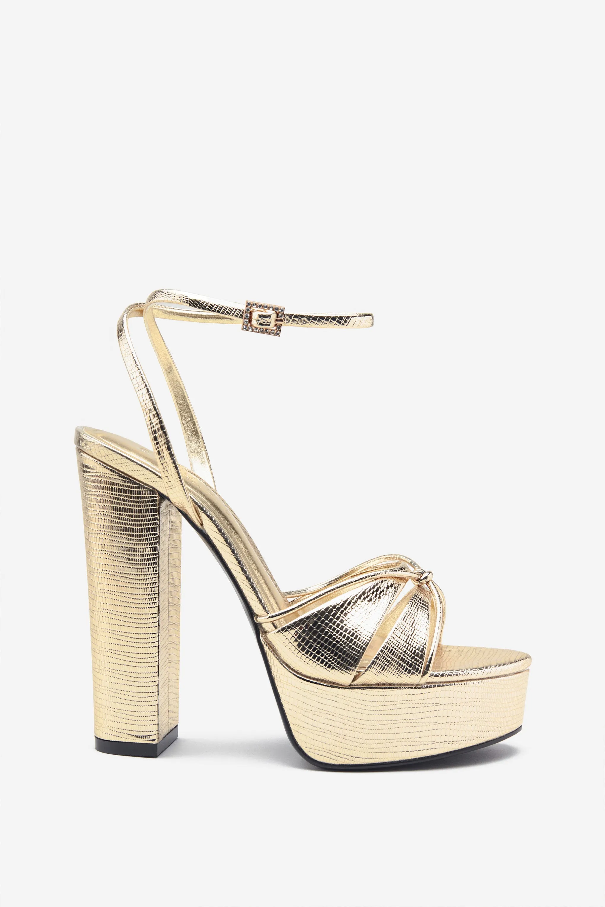 Bold Soul | Gold Reptile Strappy Heeled Platform Sandals sold by Club L London